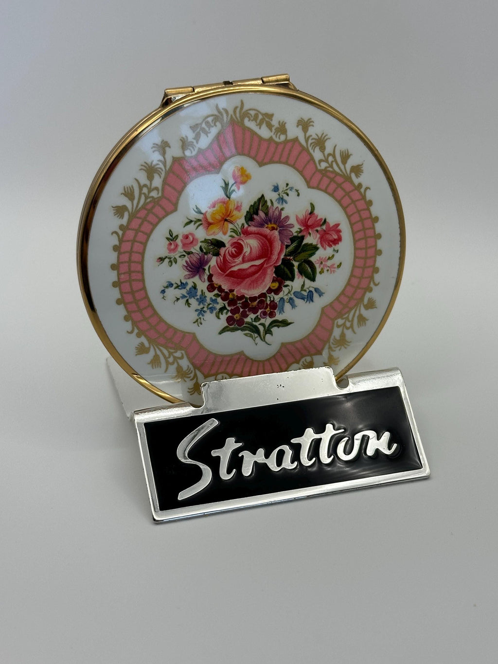 Vintage Stratton Powder Compact Gold-Tone Pink Floral Enamel Lid, Made in England