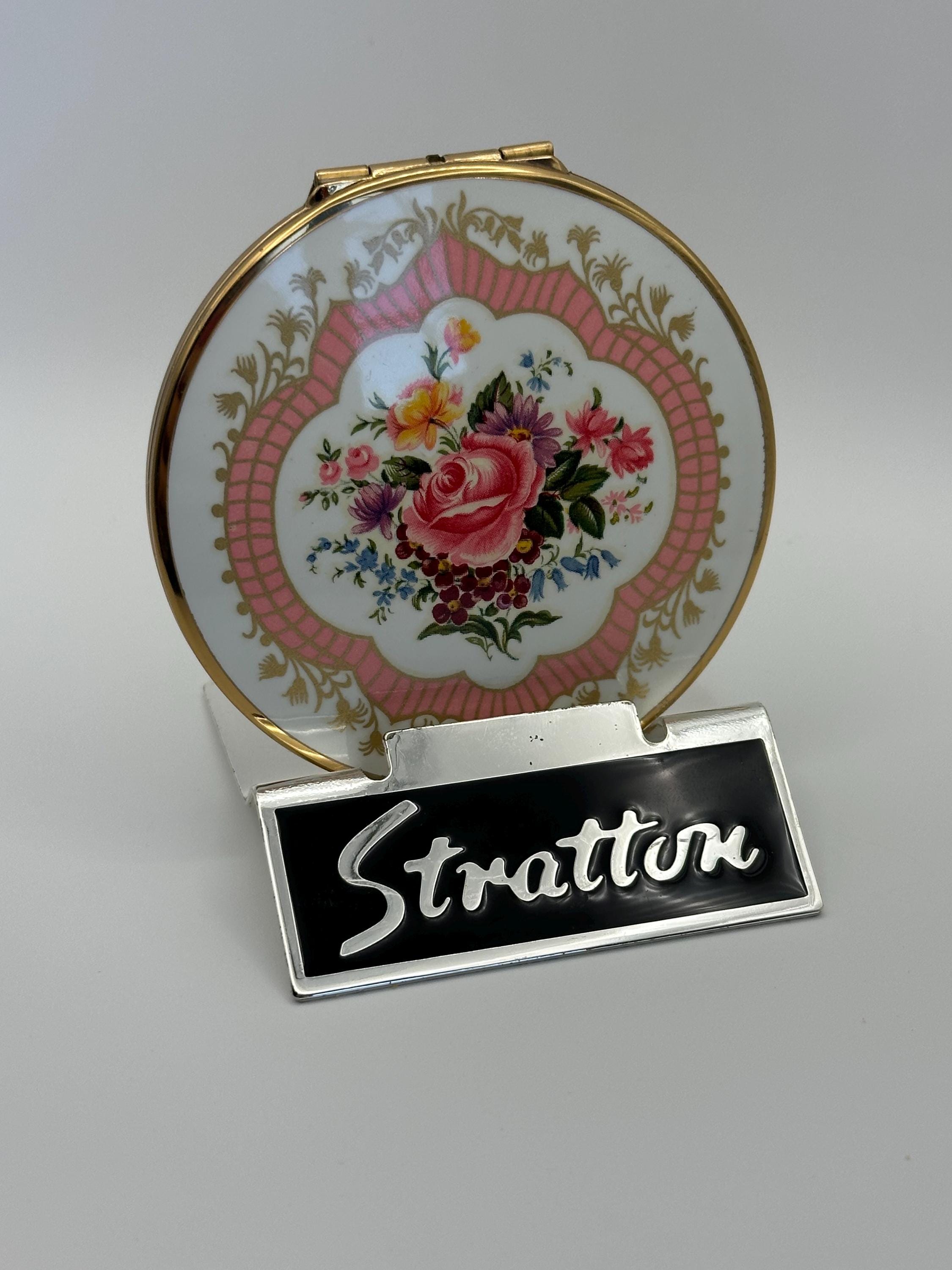 Vintage Stratton Powder Compact Gold-Tone Pink Floral Enamel Lid, Made in England