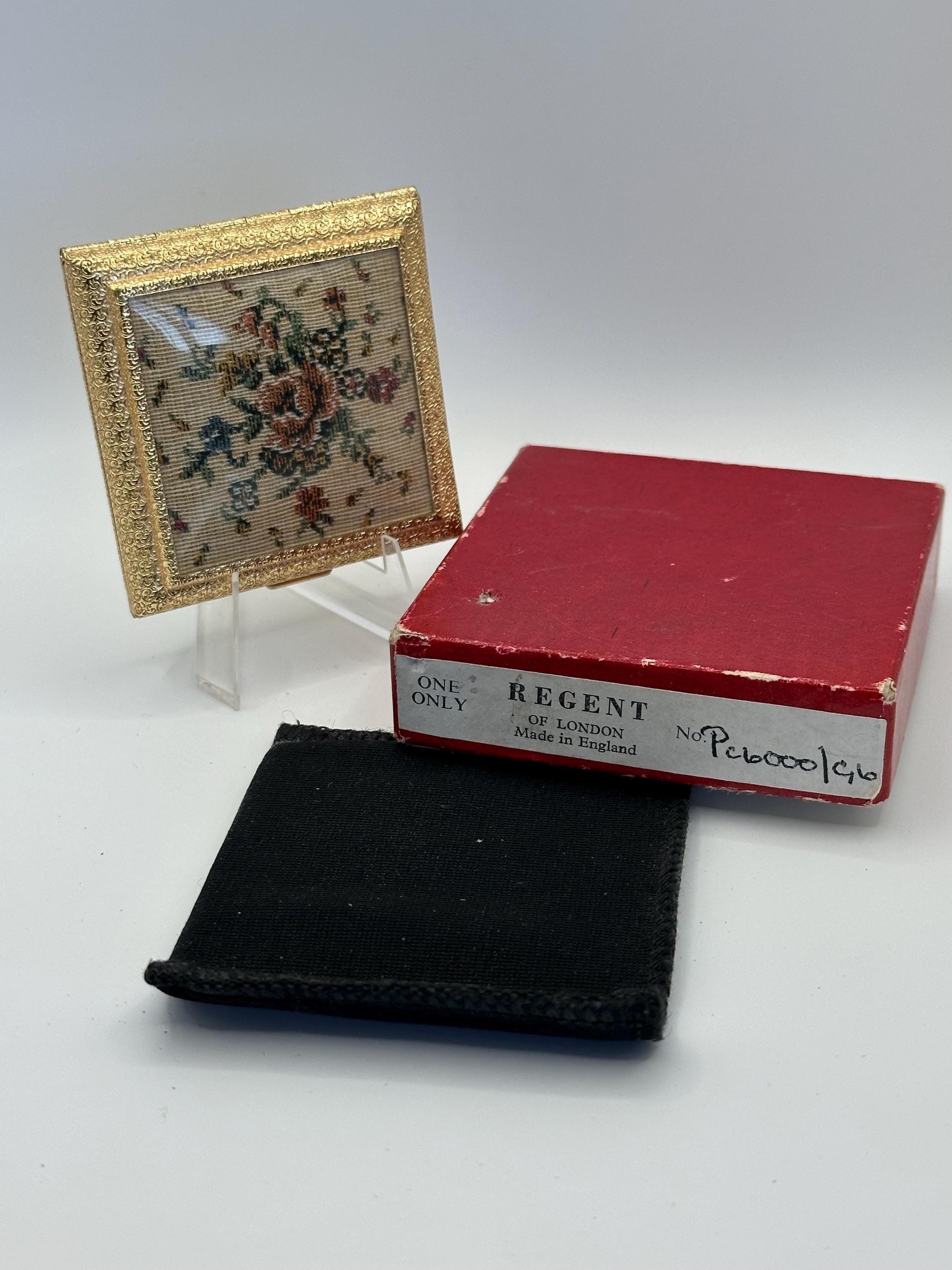 Mint Regent of London Petit-Point Powder Compact: 1950s Gold Vanity, Boxed