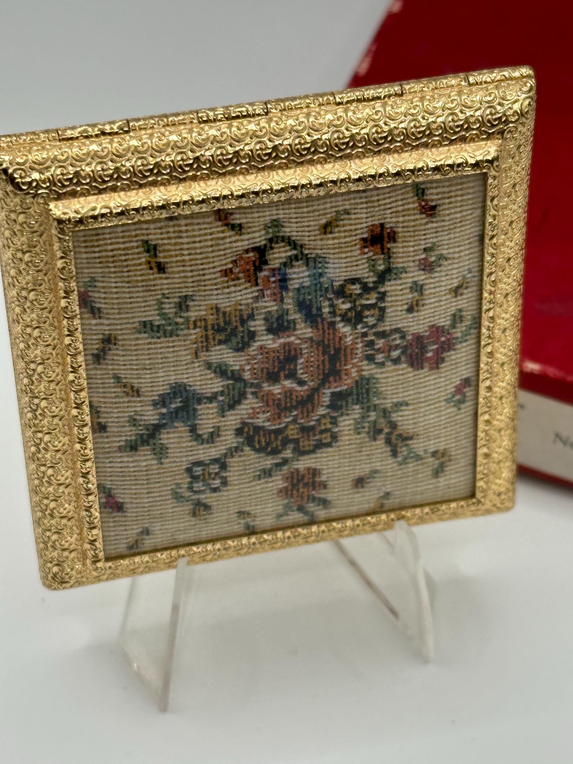 Mint Regent of London Petit-Point Powder Compact: 1950s Gold Vanity, Boxed