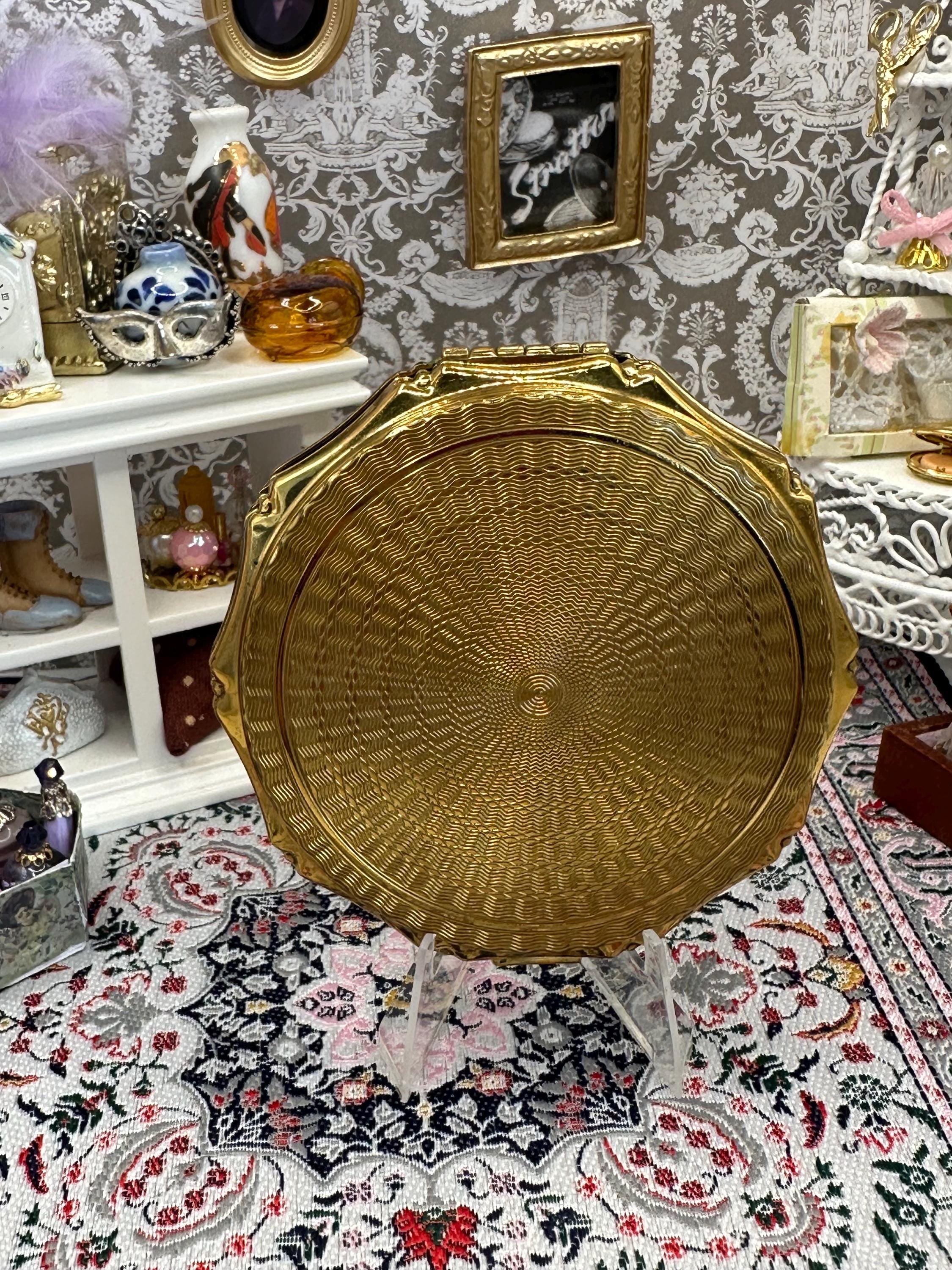 Vintage Kigu Yellow Enamel Powder Compact with Scalloped Gold-Tone Edge Peacock Design