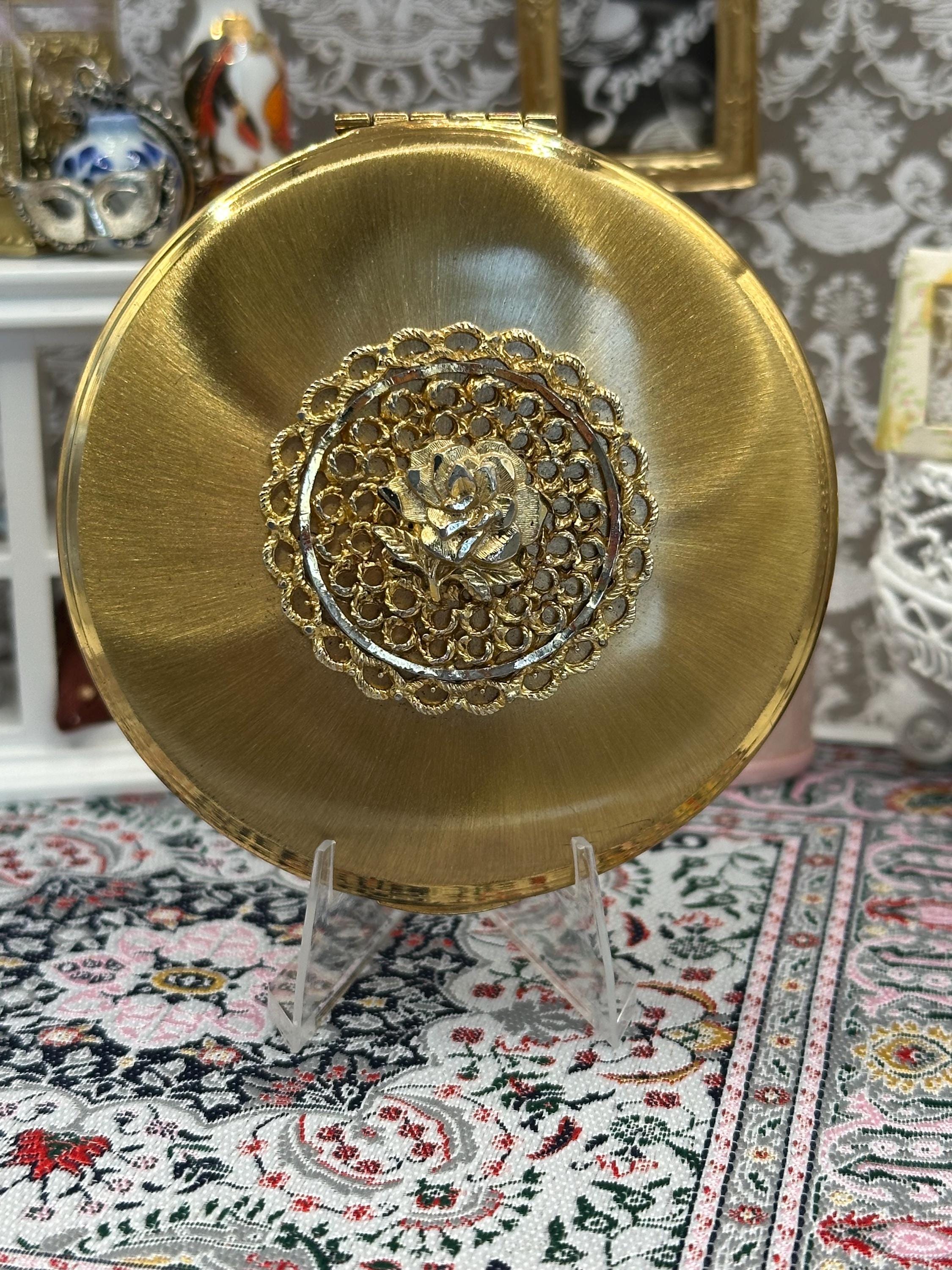 Vintage Kigu of London Powder Compact | Gold-Tone Filigree Rose | Boxed | 8cm