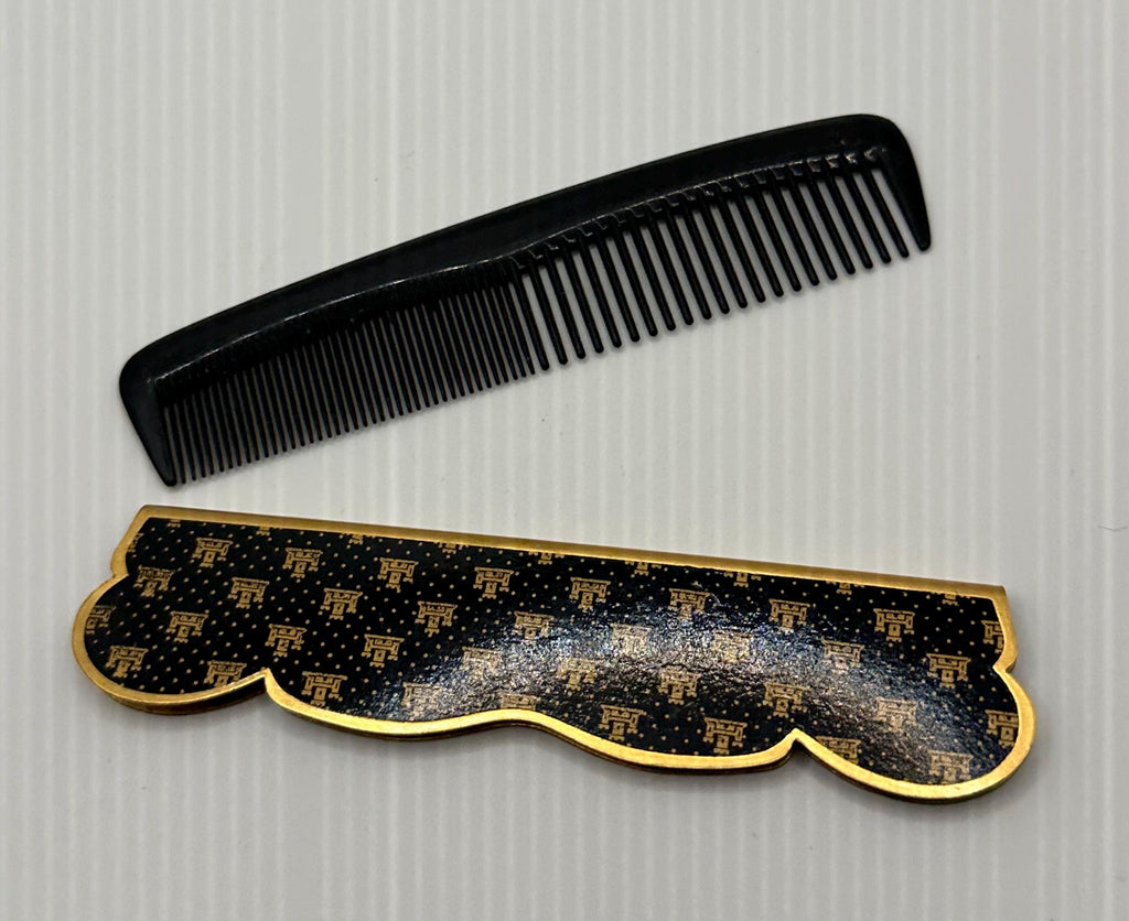 Vintage Mascot Vanity Set, Two Tone Engine-Turned Powder Compact, Lipstick Holder & Patterned Comb