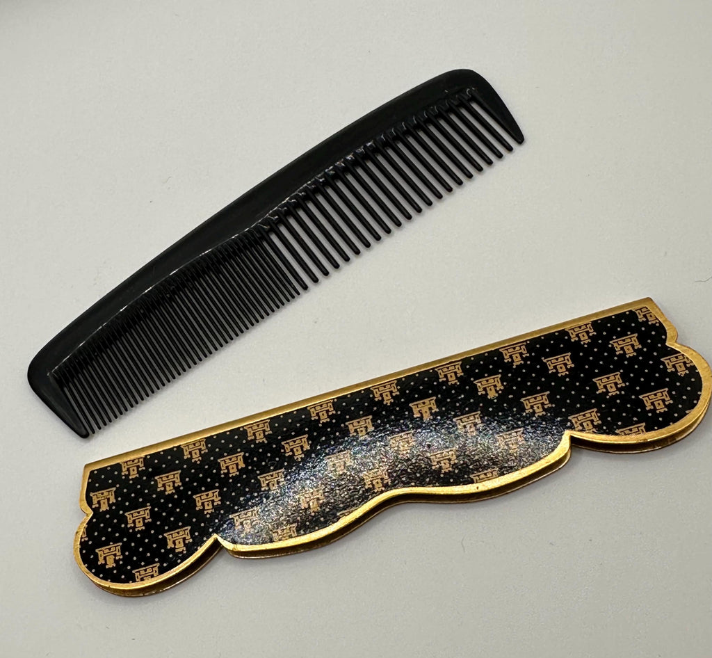 Vintage Mascot Vanity Set, Two Tone Engine-Turned Powder Compact, Lipstick Holder & Patterned Comb