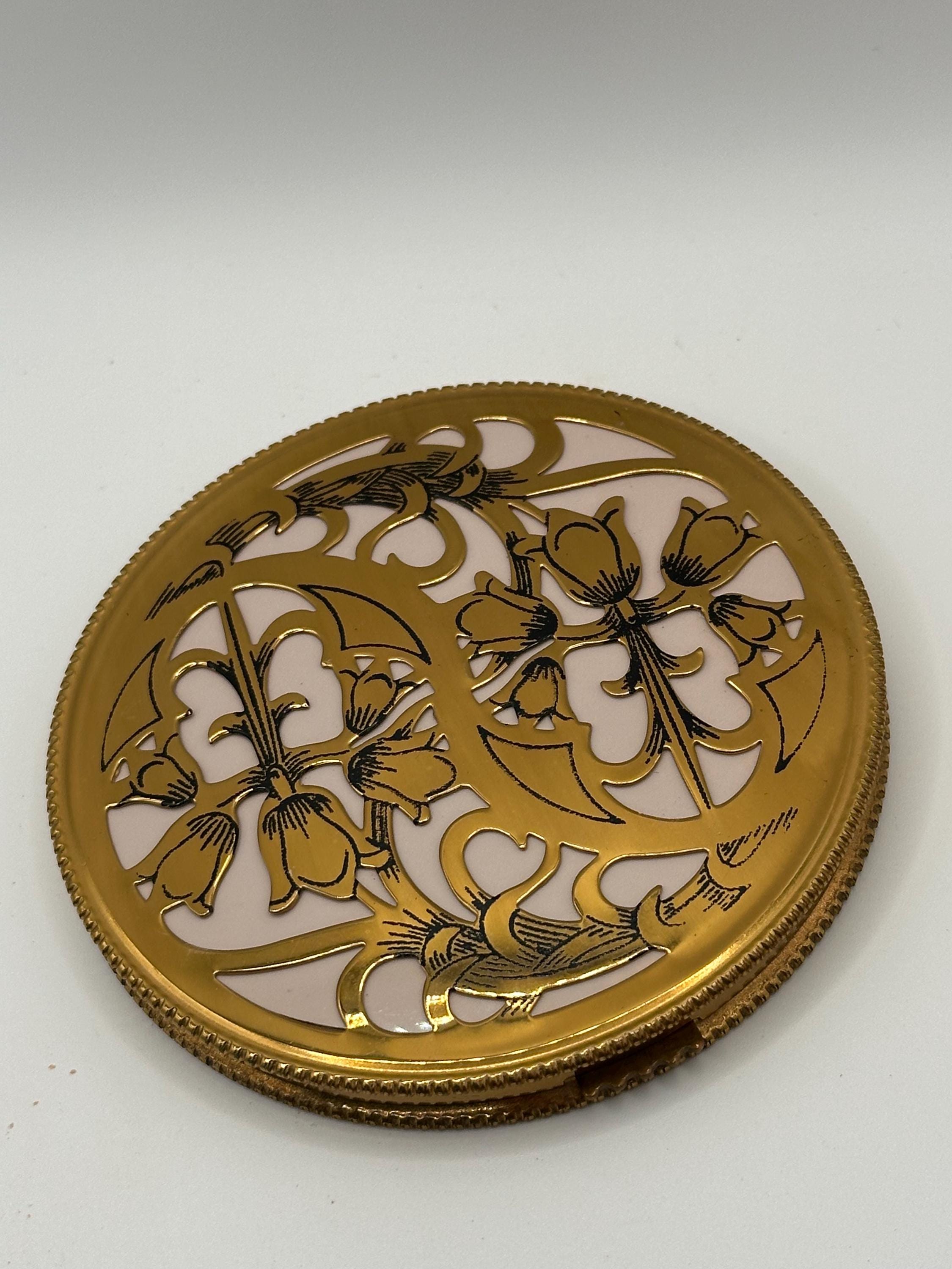 Vintage Art Deco Style Powder Compact – Gold Tone Filigree, Pink Enamel