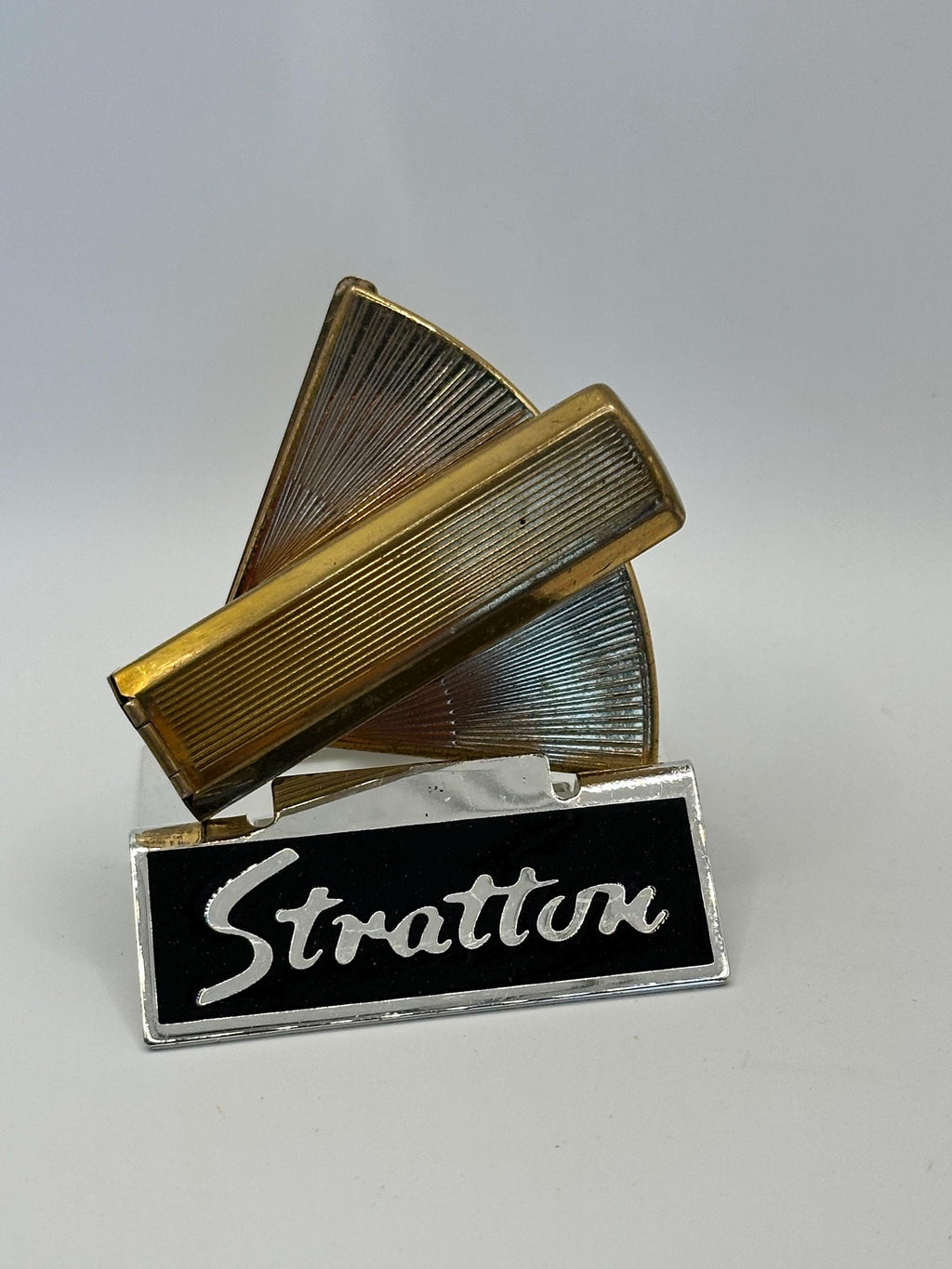 Vintage Stratton Fan-Shaped Lip View – Gold Starburst Enamel, Lipstick Holder & Mirror