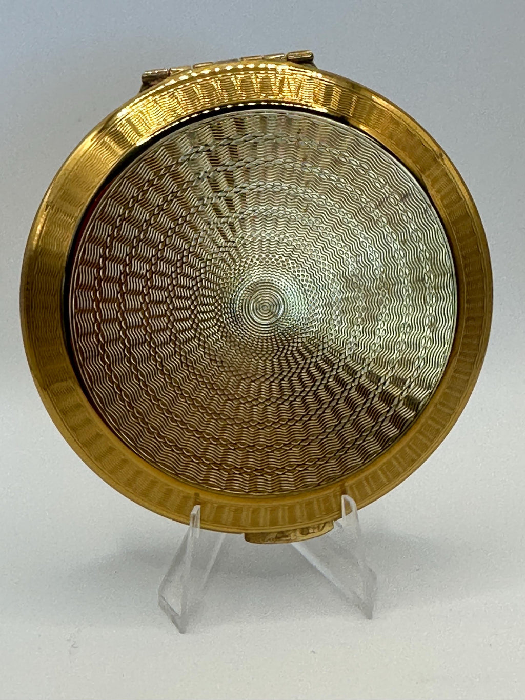 Vintage Kigu of London Powder Compact – Floral Enamel, Gold-Tone Guilloché, Original Puff & Mirror
