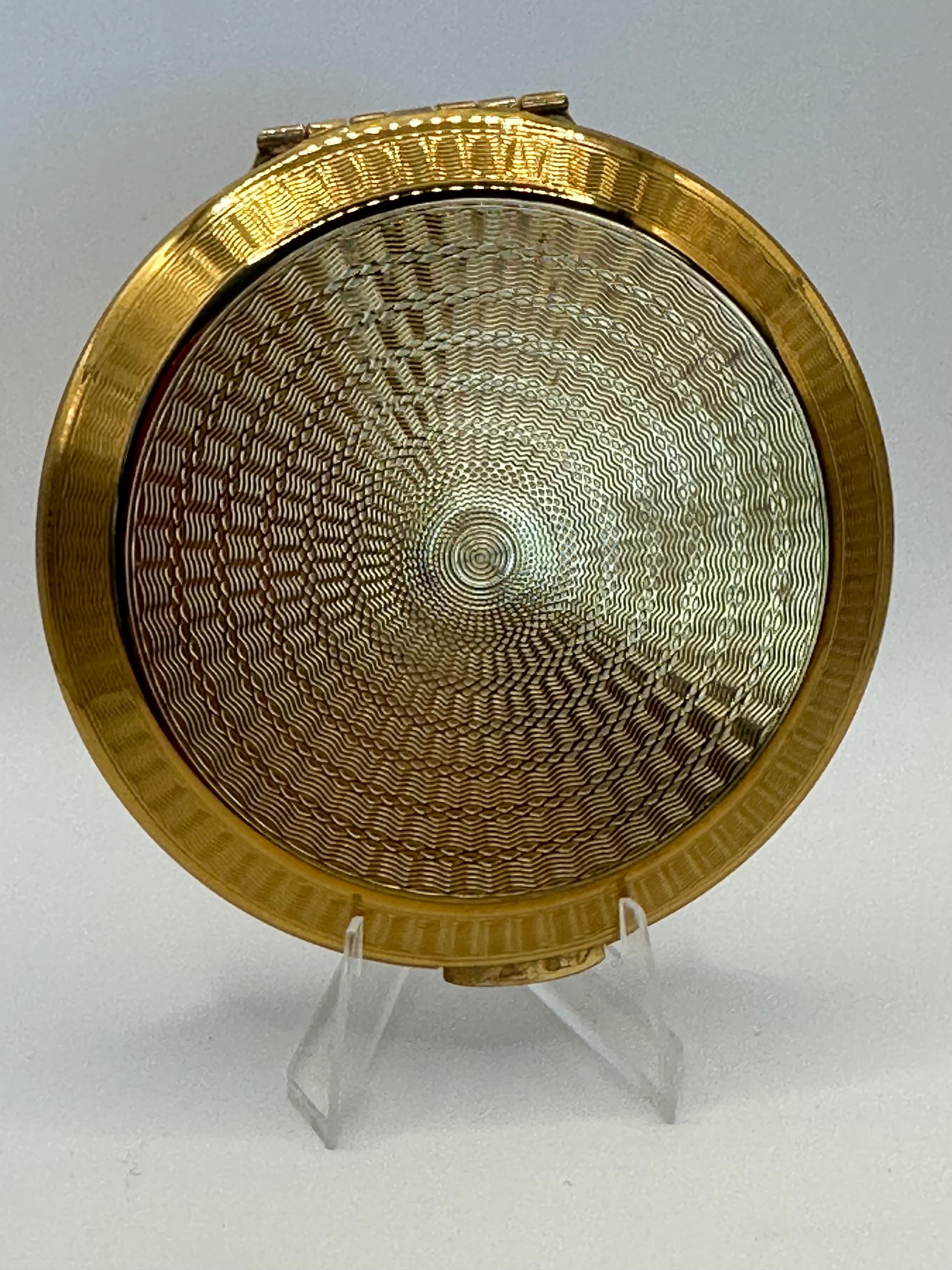 Vintage Kigu of London Powder Compact – Floral Enamel, Gold-Tone Guilloché, Original Puff & Mirror