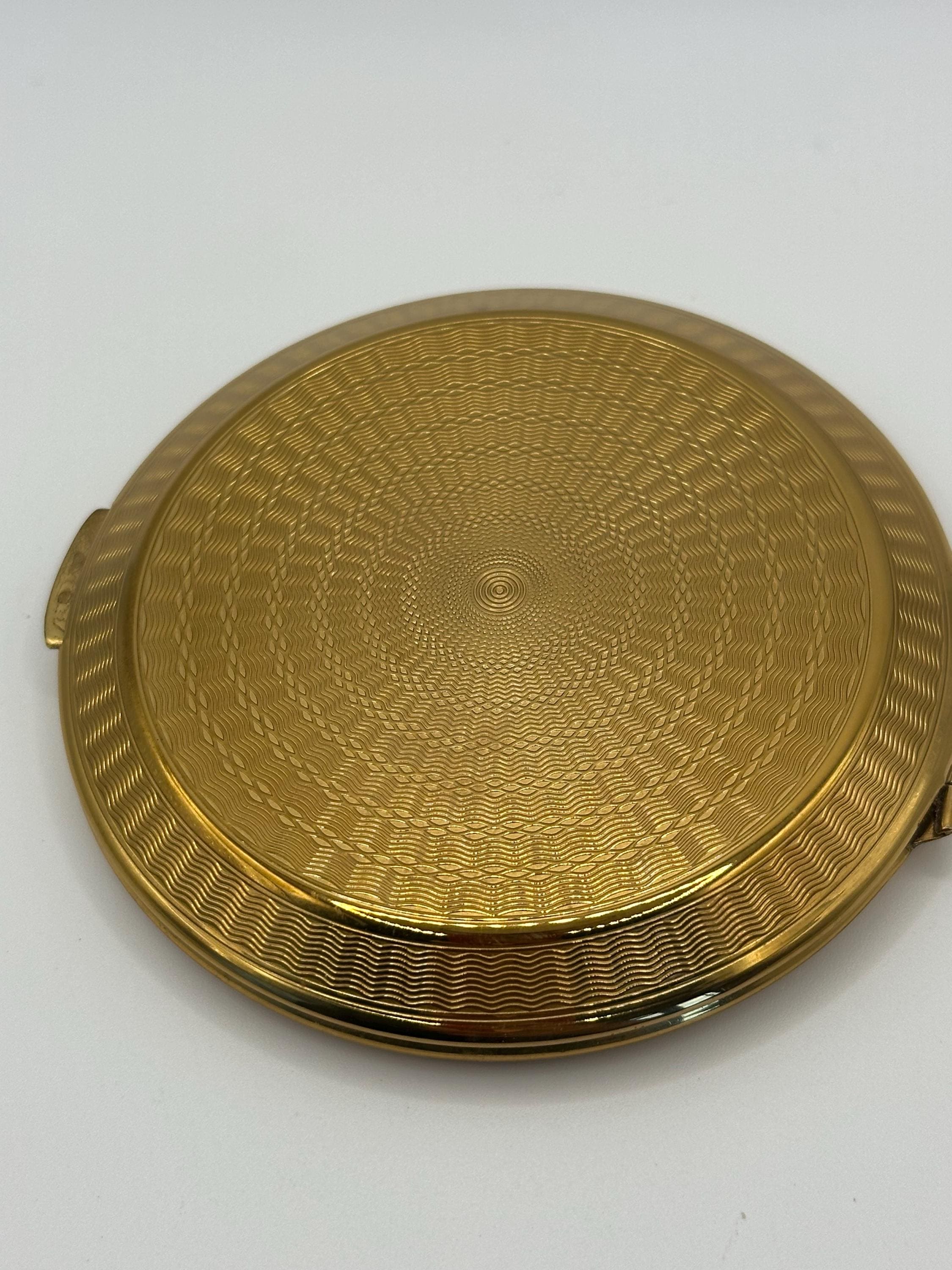 Vintage Kigu of London Powder Compact – Floral Enamel, Gold-Tone Guilloché, Original Puff & Mirror