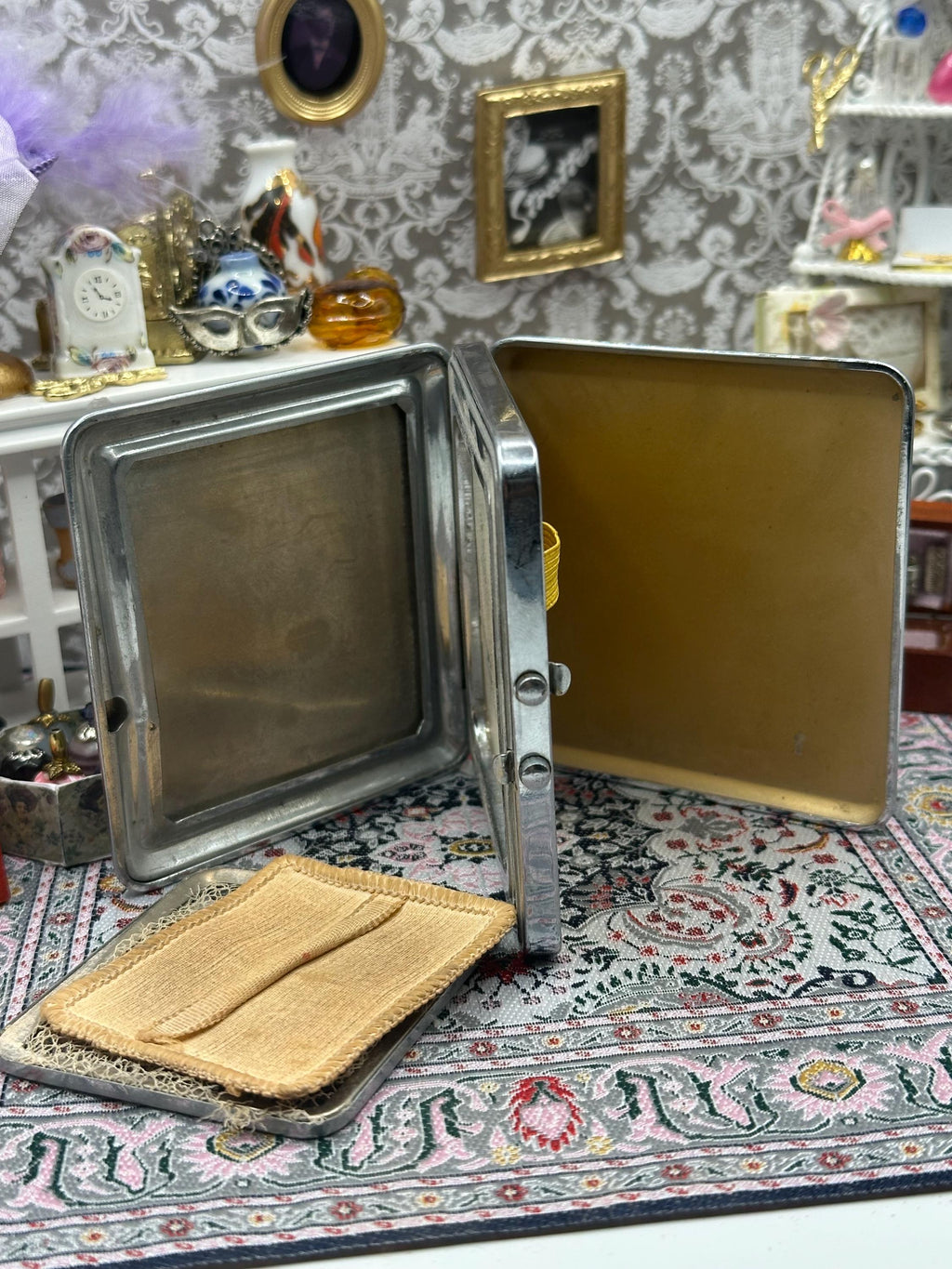 Vintage Silver Art Deco Powder Compact & Cigarette Case Combo Minaudiere