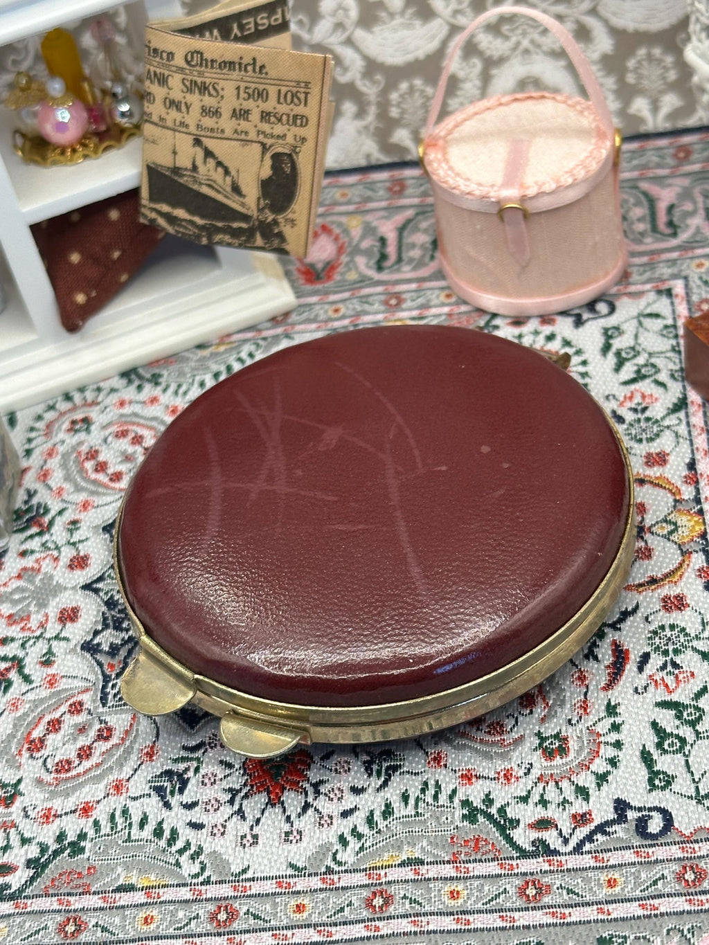 Vintage Burgundy Leather Powder Compact Ornate Border