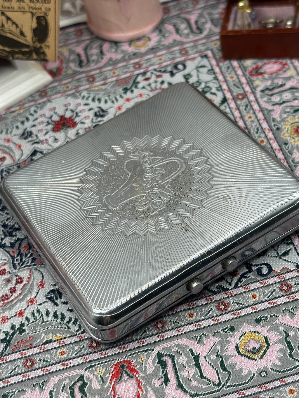 Vintage Silver Art Deco Powder Compact & Cigarette Case Combo Minaudiere