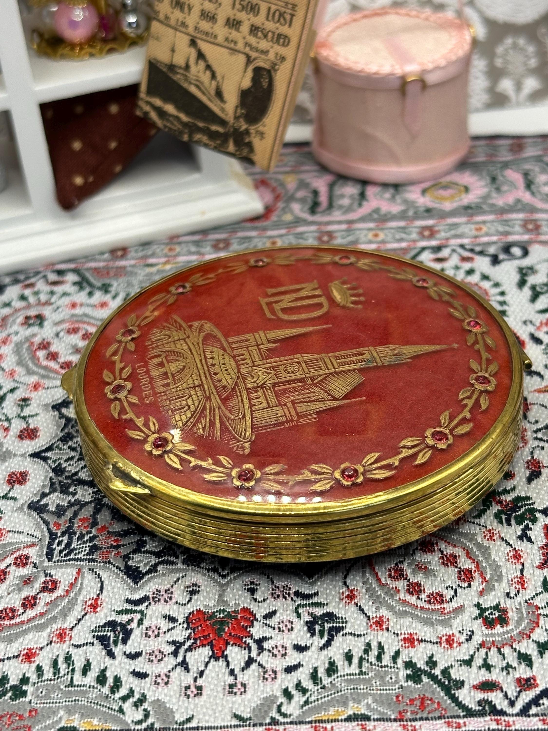 Vintage Lourdes Souvenir Powder Compact | Red Enamel ND Basilica Design, Gold Tone