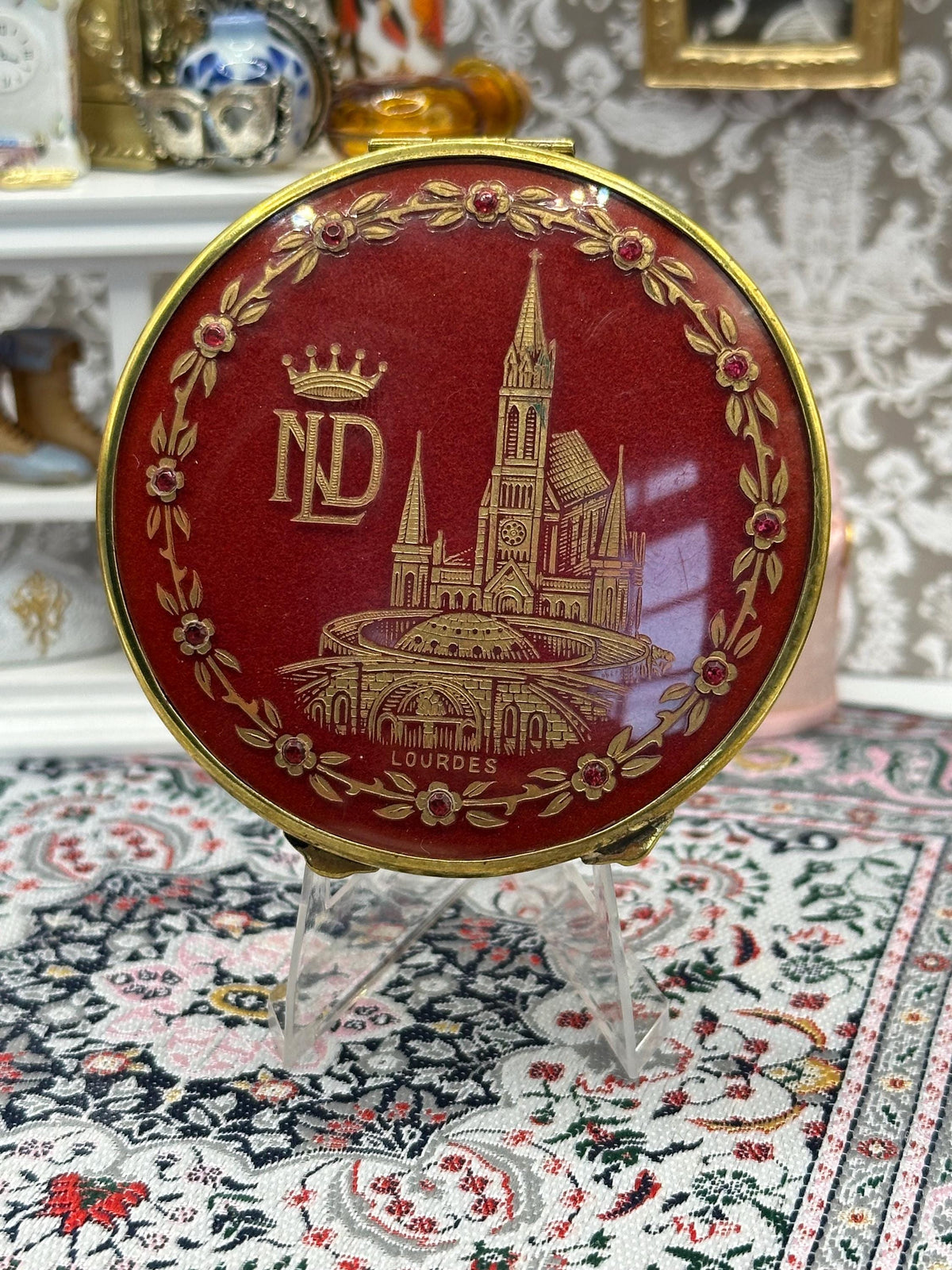 Vintage Lourdes Souvenir Powder Compact | Red Enamel ND Basilica Design, Gold Tone
