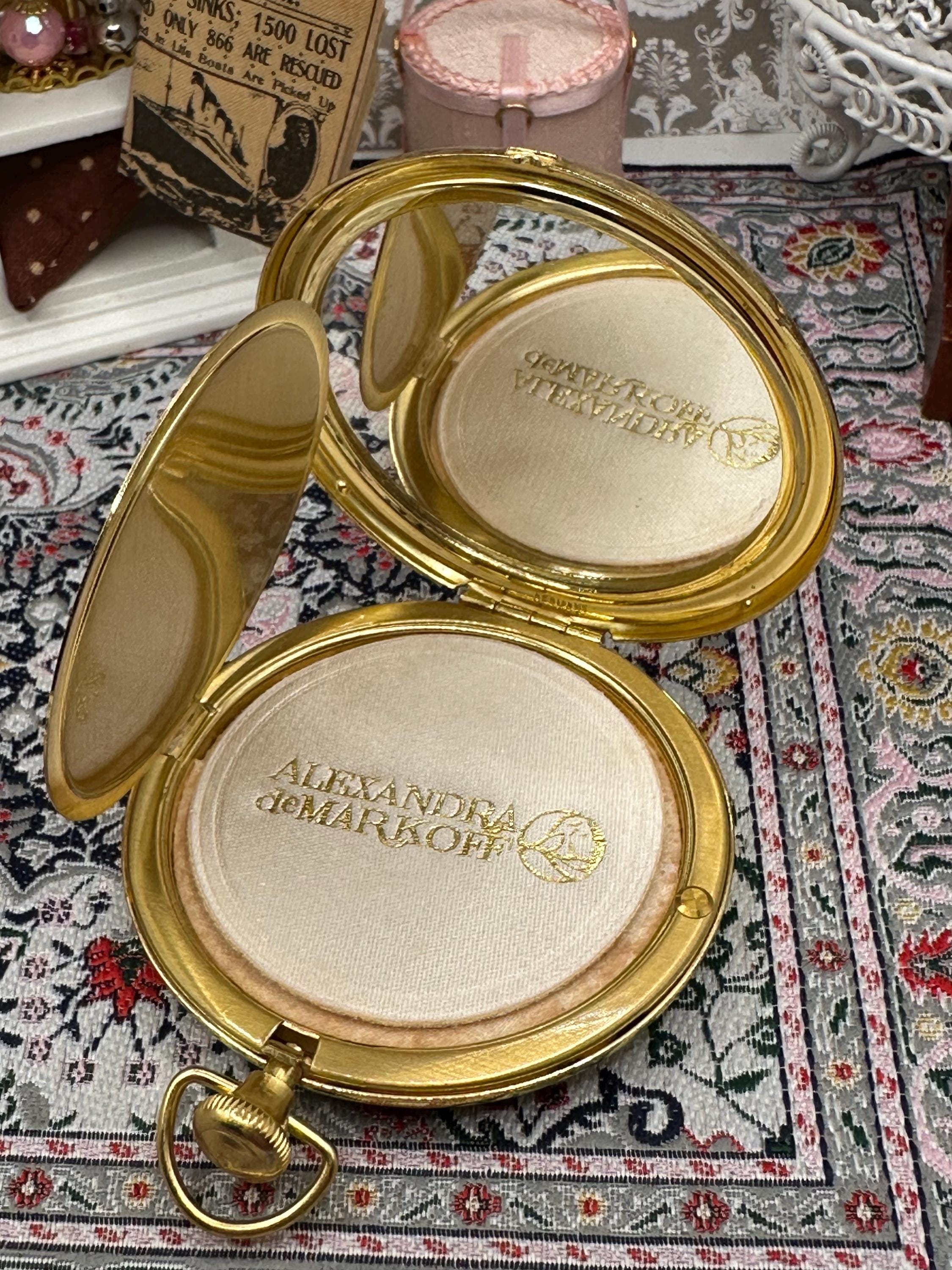 Vintage Alexandra de Markoff Pocket Watch Powder Compact Blue Enamel Original Puff & Screen