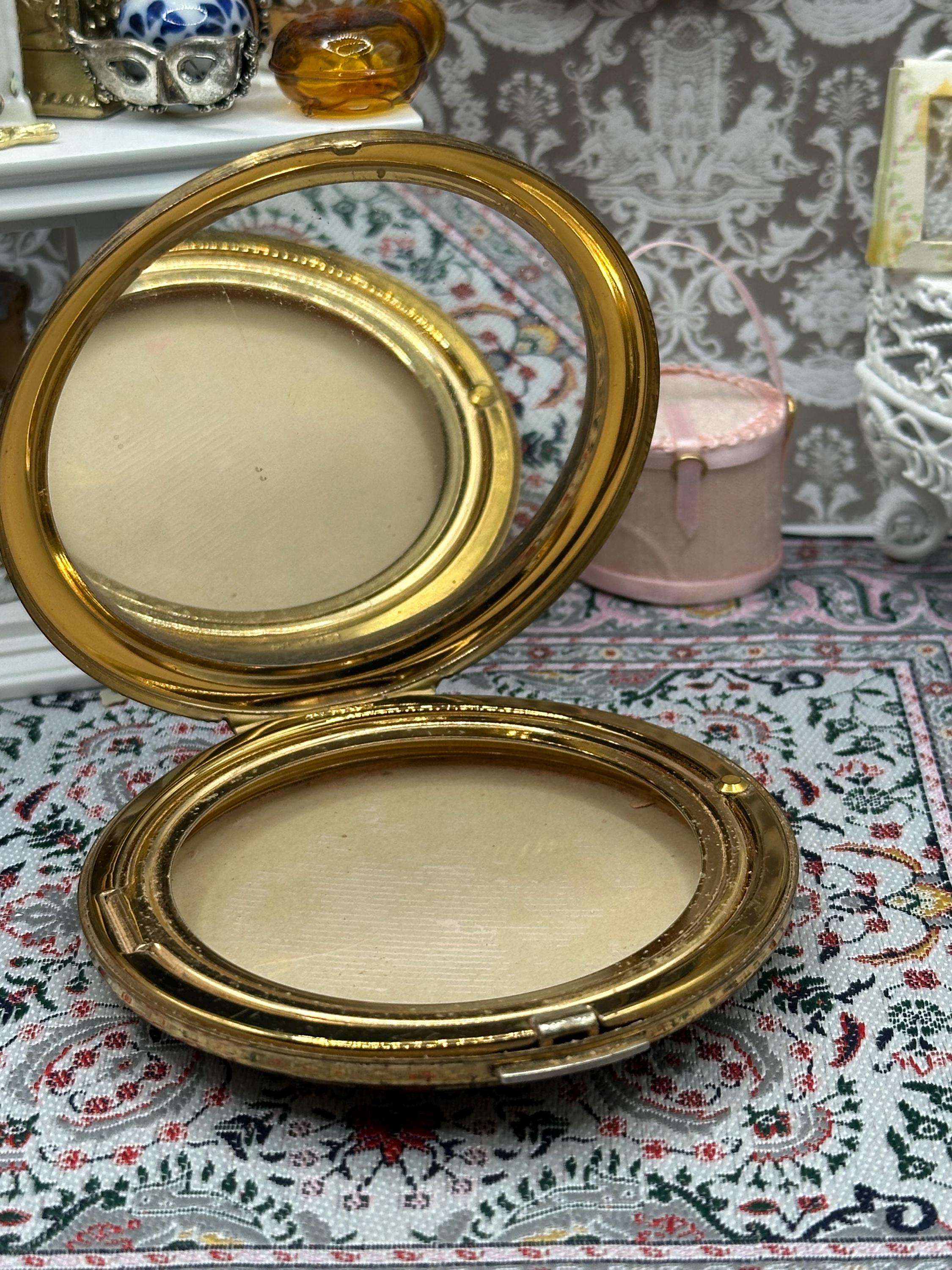 Vintage Stratton Powder Compact with Blue Floral Design on Navy – Gold Tone, With Pouch