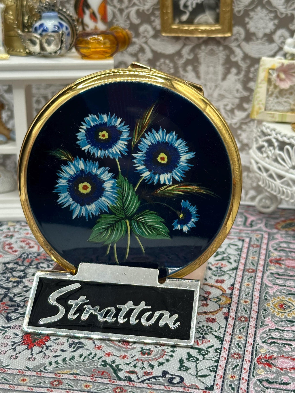 Vintage Stratton Powder Compact with Blue Floral Design on Navy – Gold Tone, With Pouch