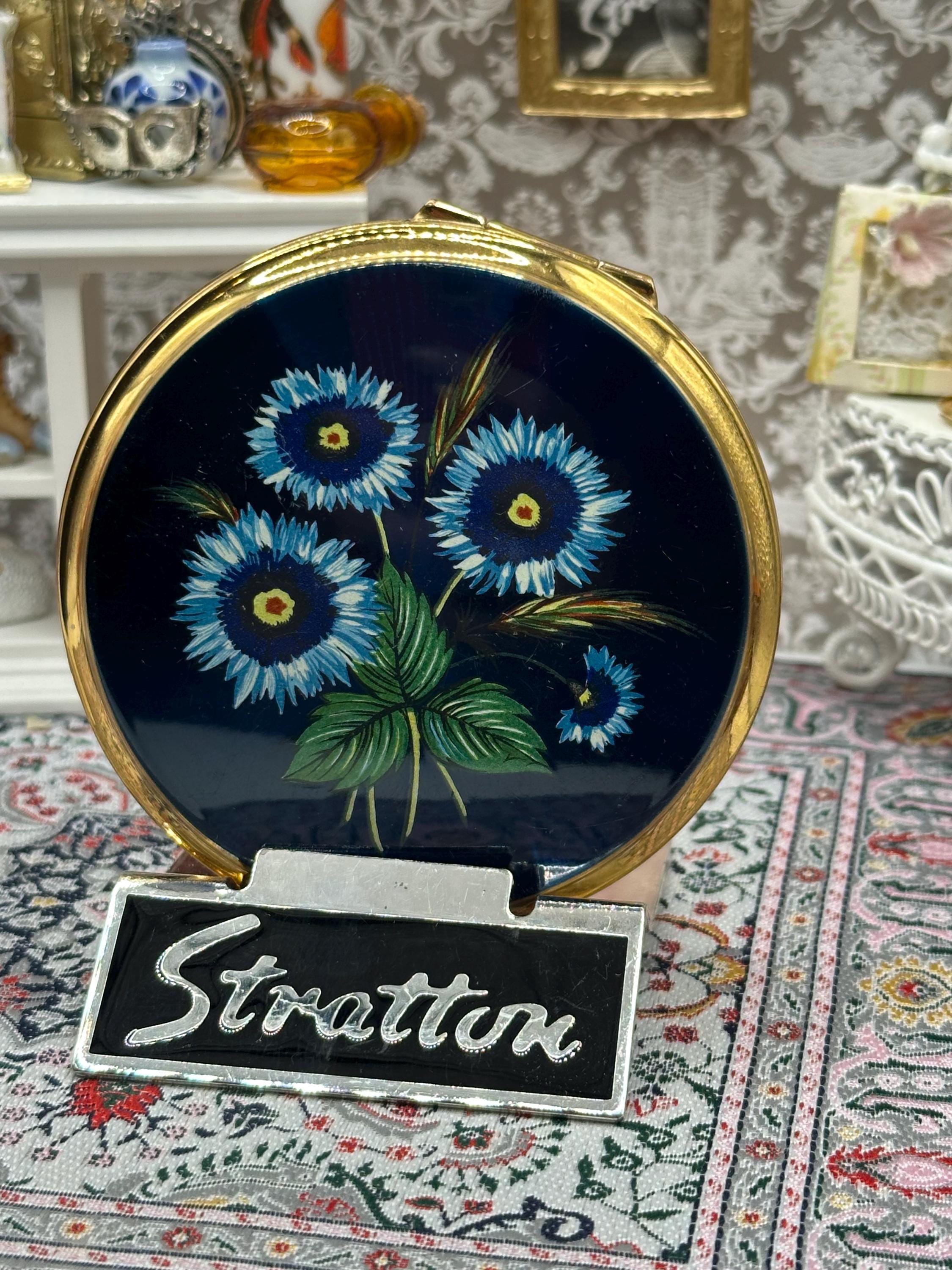 Vintage Stratton Powder Compact with Blue Floral Design on Navy – Gold Tone, With Pouch