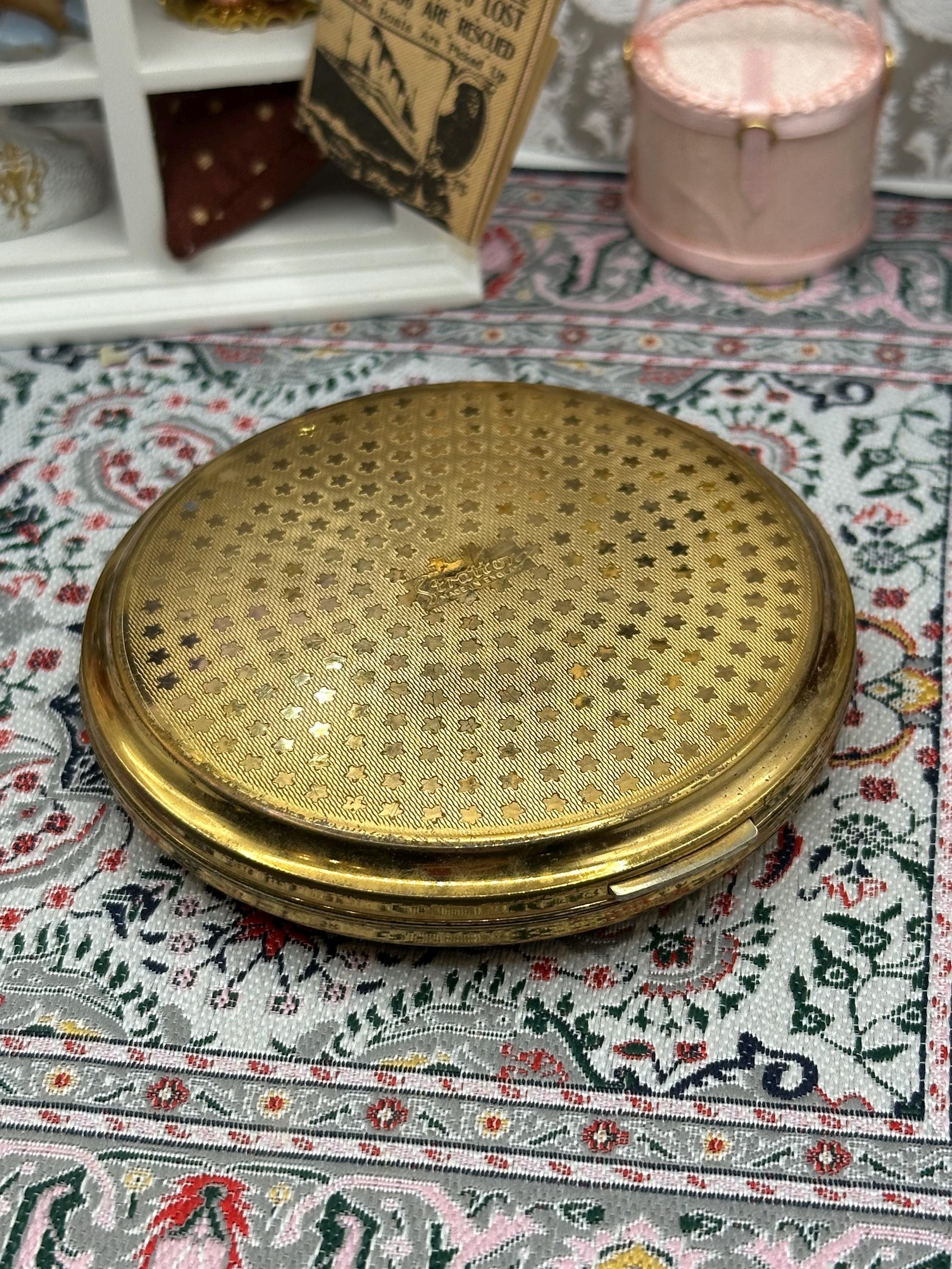 Vintage Stratton Powder Compact with Blue Floral Design on Navy – Gold Tone, With Pouch
