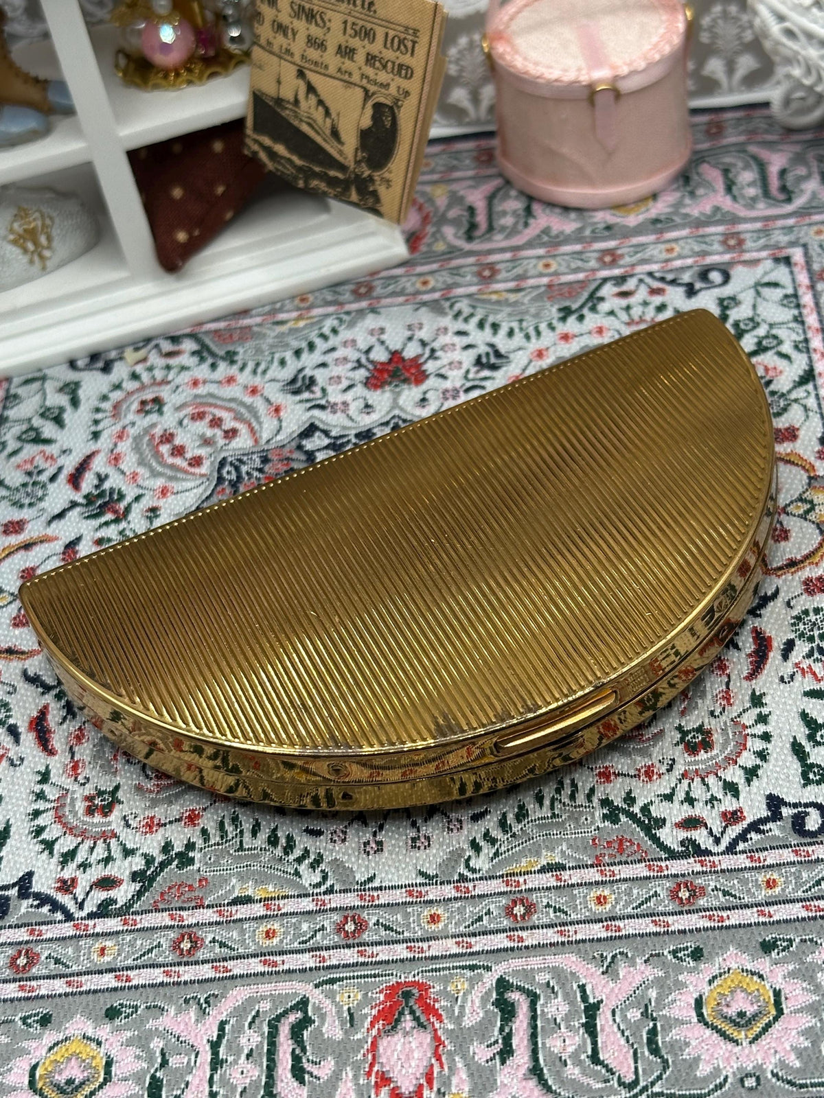 Vintage Mascot Petit Point Half Moon Powder Compact – Floral Needlepoint, Unused