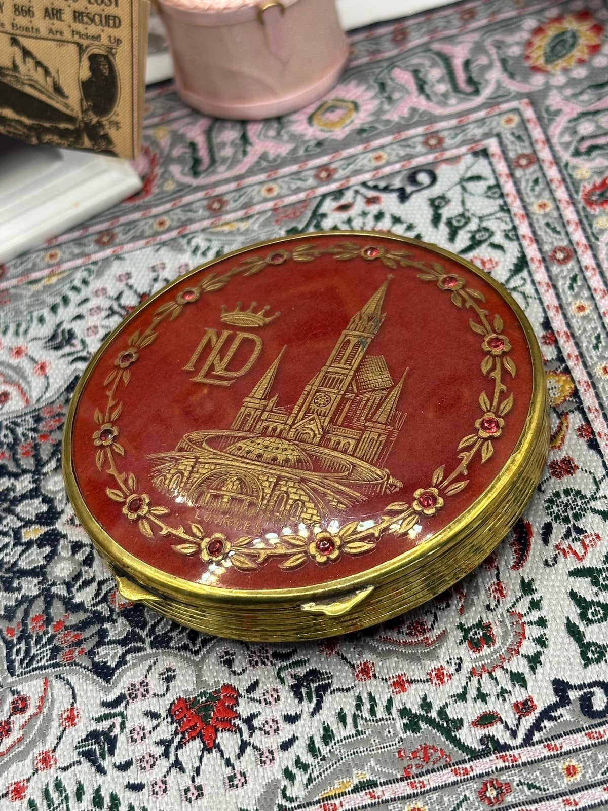 Vintage Lourdes Souvenir Powder Compact | Red Enamel ND Basilica Design, Gold Tone