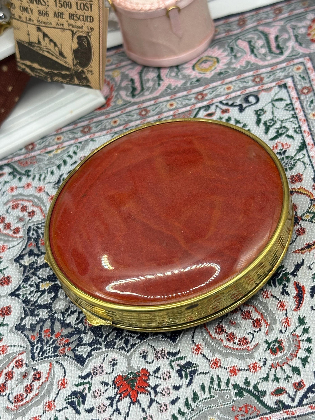 Vintage Lourdes Souvenir Powder Compact | Red Enamel ND Basilica Design, Gold Tone