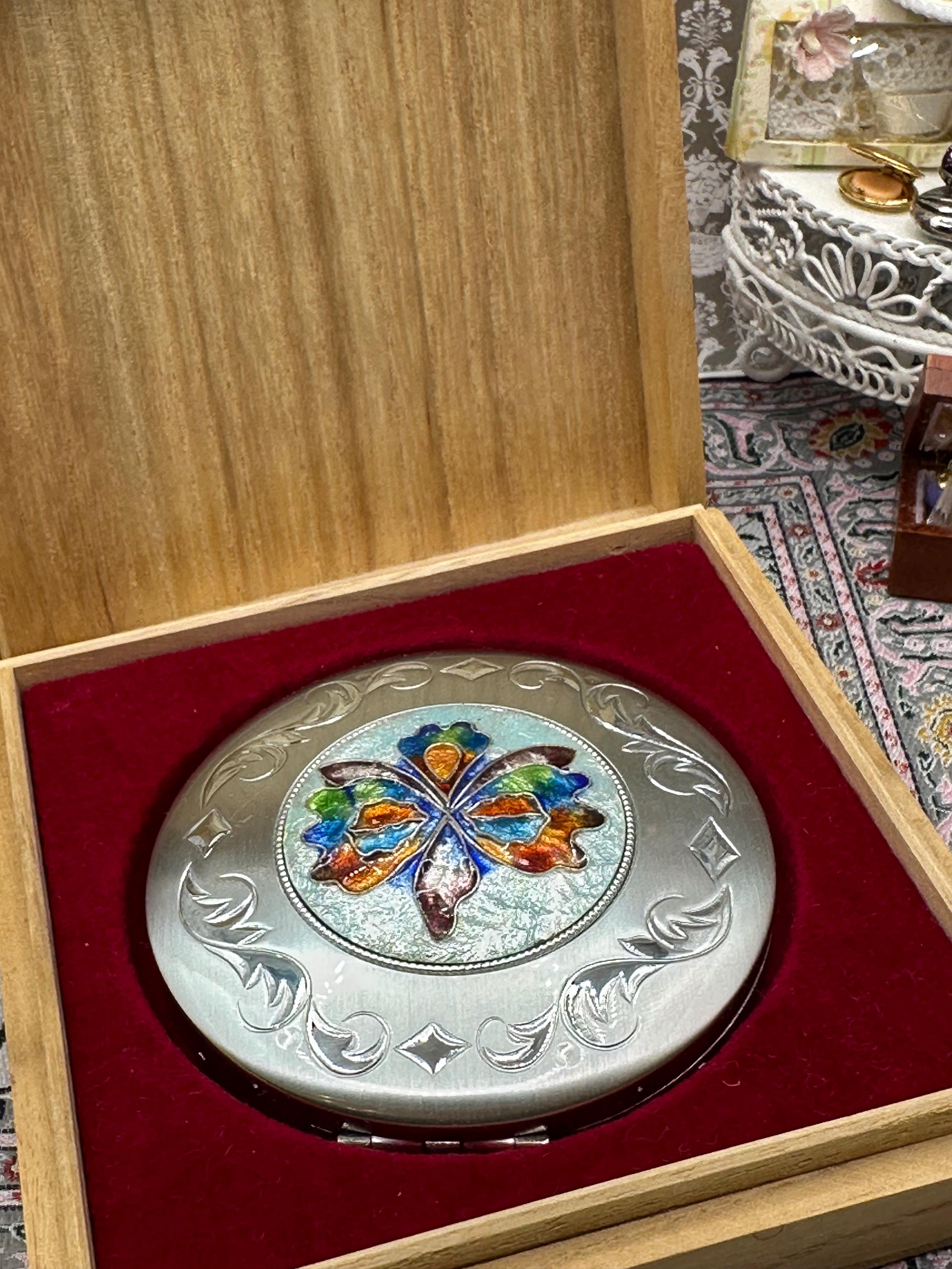 Vintage Nacon Silver Powder Compact – Enamelled Flower Design, Original Box