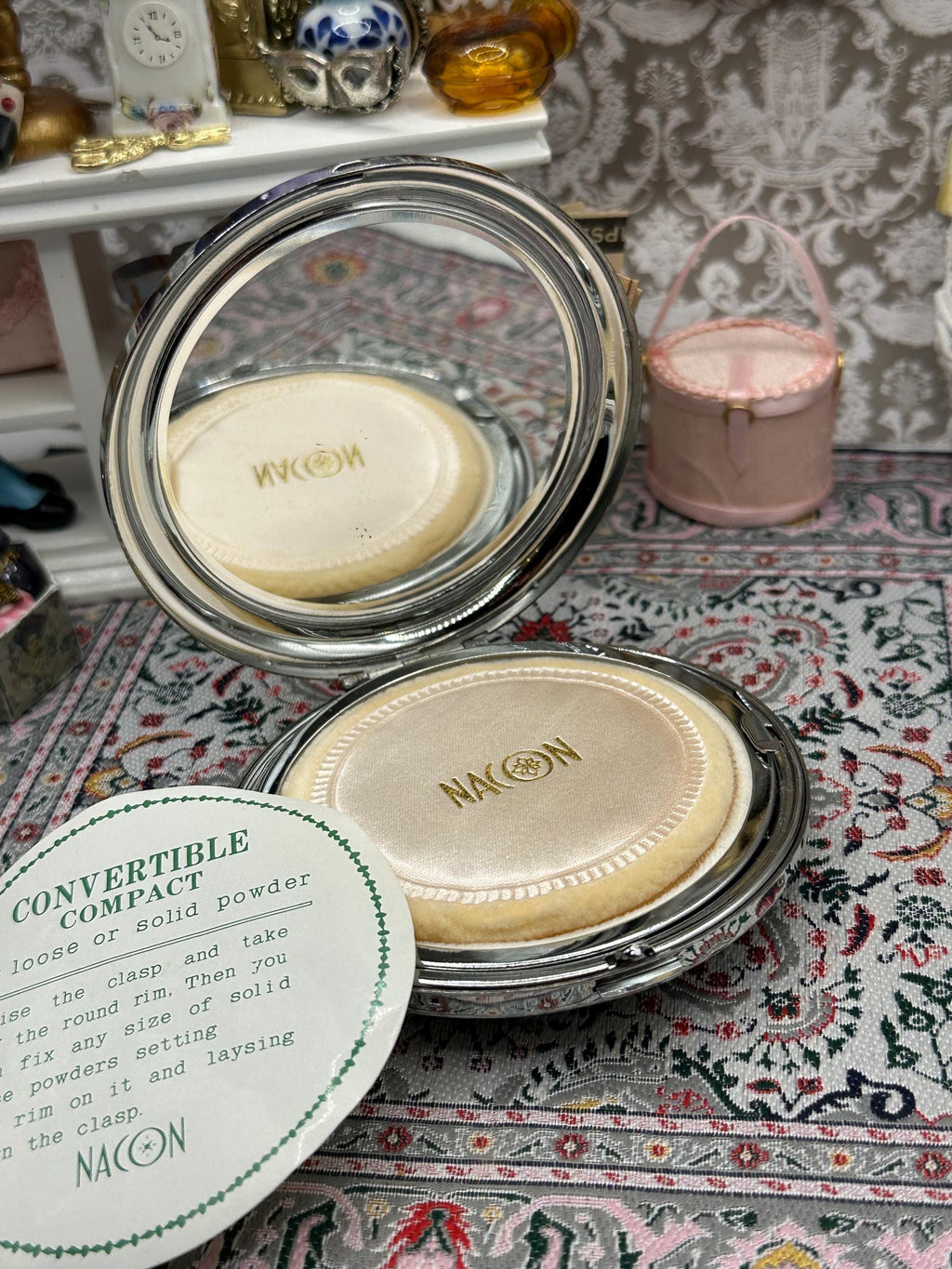 Vintage Nacon Silver Powder Compact – Enamelled Flower Design, Original Box
