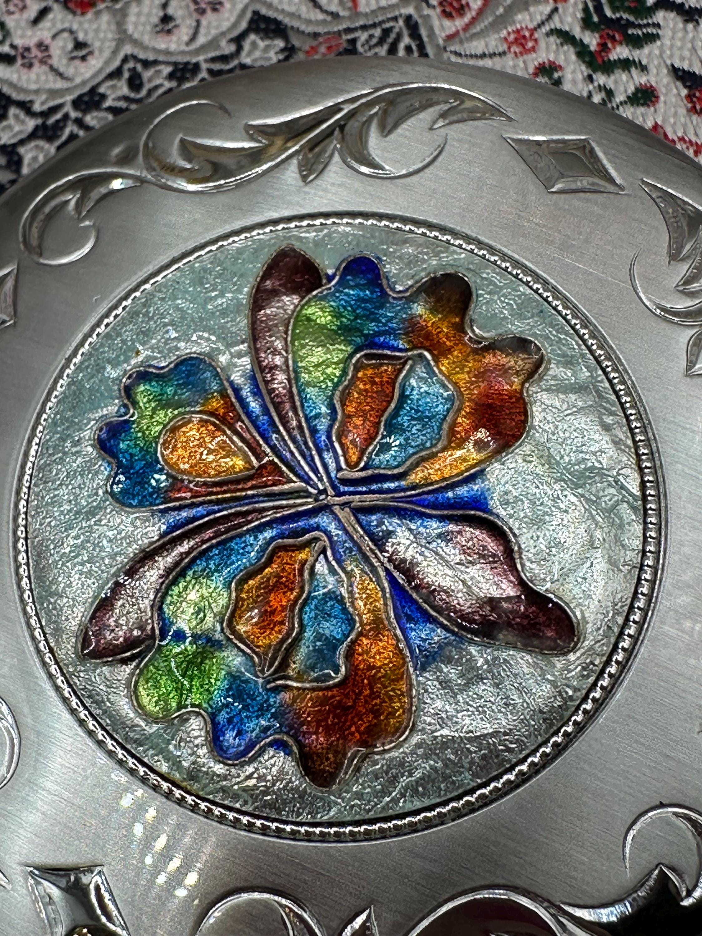 Vintage Nacon Silver Powder Compact – Enamelled Flower Design, Original Box