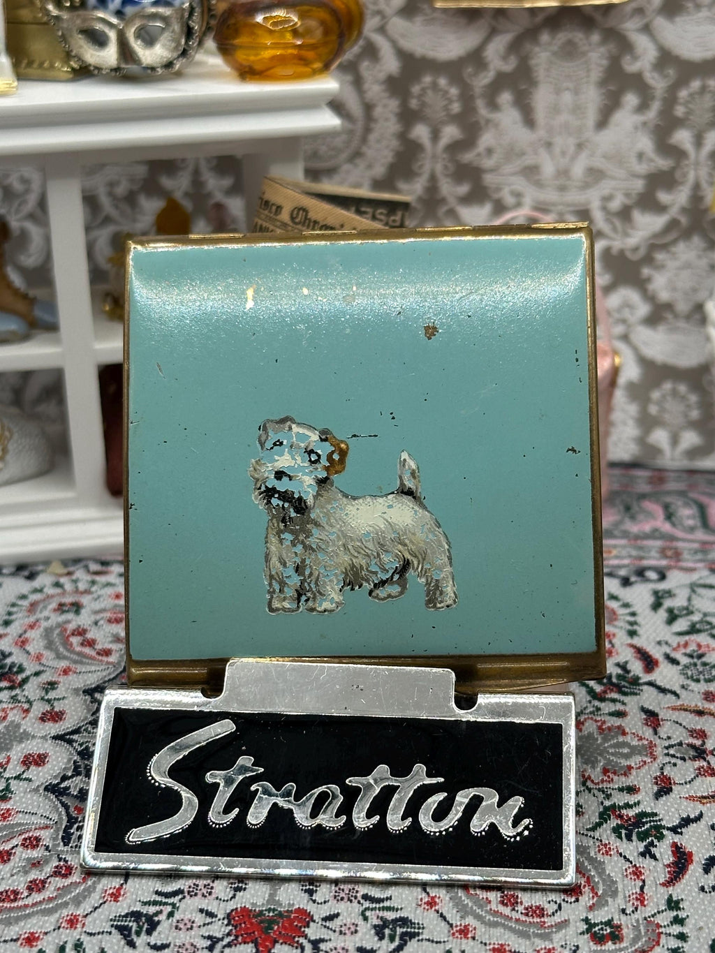 Vintage Stratton Square Powder Compact – Terrier Dog, 2.25" / 5.7cm, Highly Collectible, Black Pouch Included