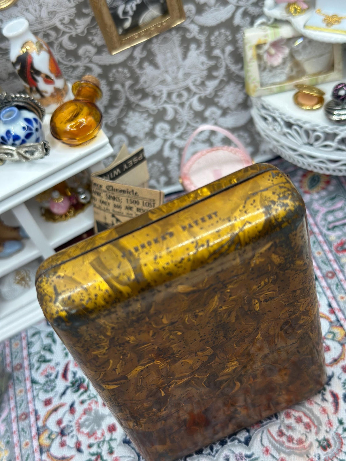 Victorian Charm Antique Jahnckes Tin with Marbled Gold Brown Finish - Registered 1880