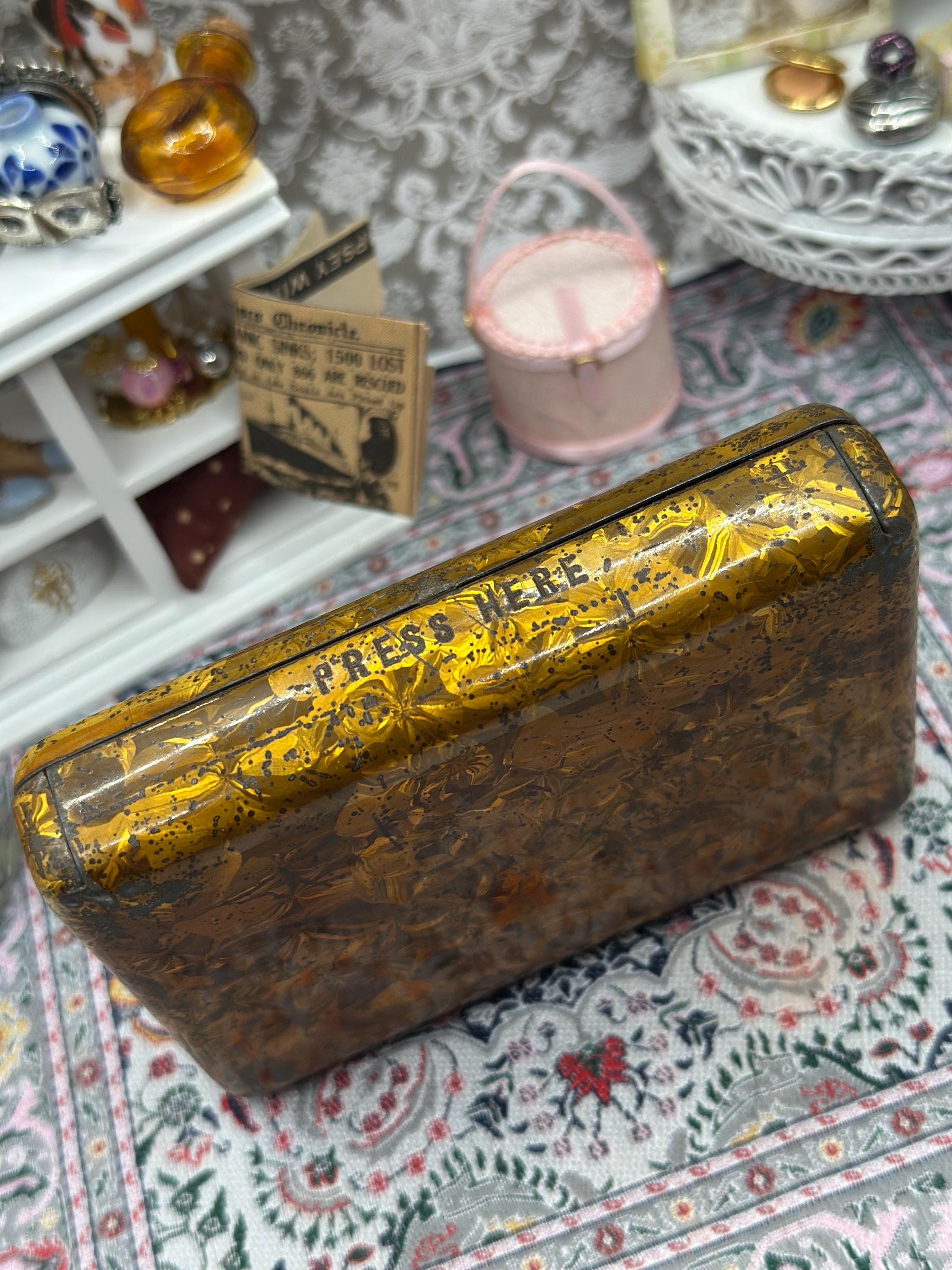Victorian Charm Antique Jahnckes Tin with Marbled Gold Brown Finish - Registered 1880
