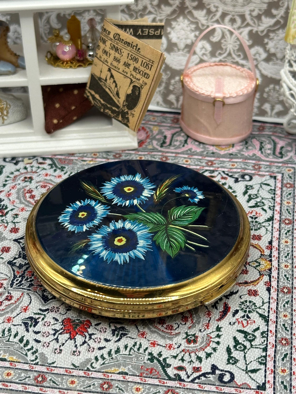 Vintage Stratton Powder Compact with Blue Floral Design on Navy – Gold Tone, With Pouch