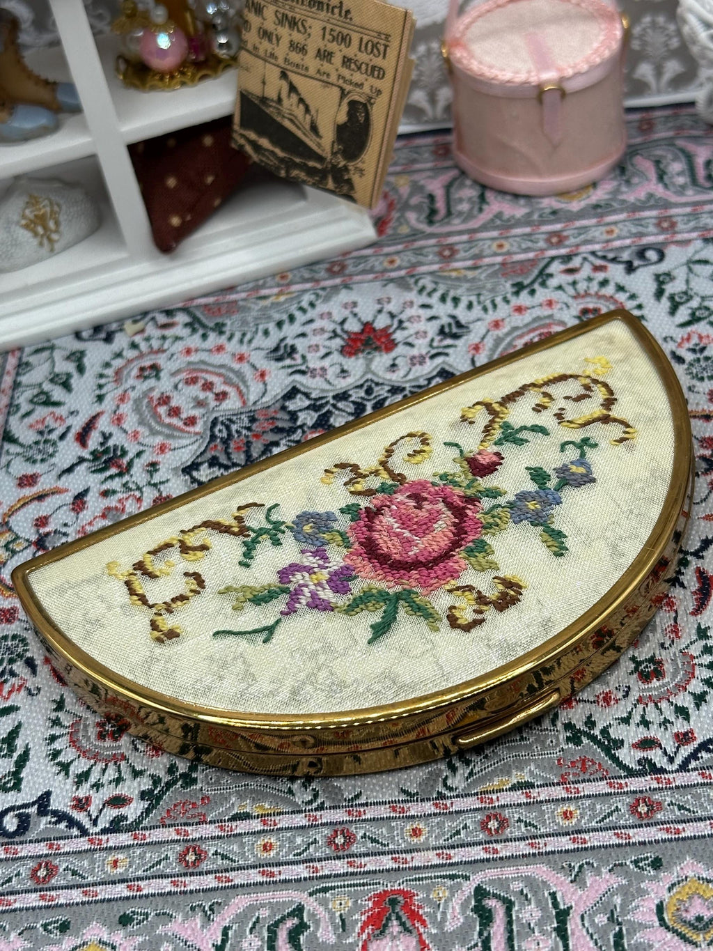 Vintage Mascot Petit Point Half Moon Powder Compact – Floral Needlepoint, Unused