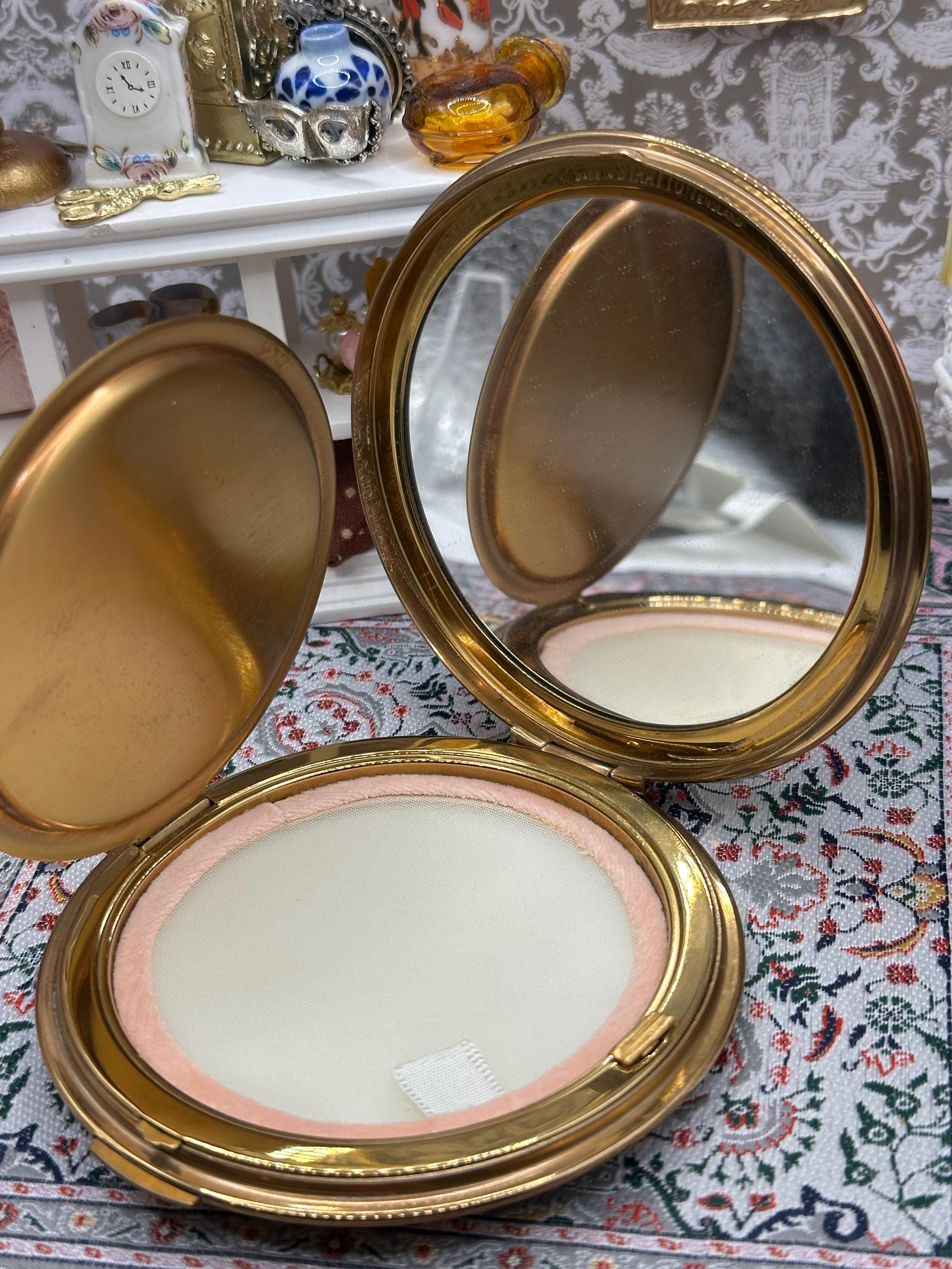 Vintage Stratton Powder Compact – Art Deco Style Black Enamel & Gold Stripe, Boxed with Pouch