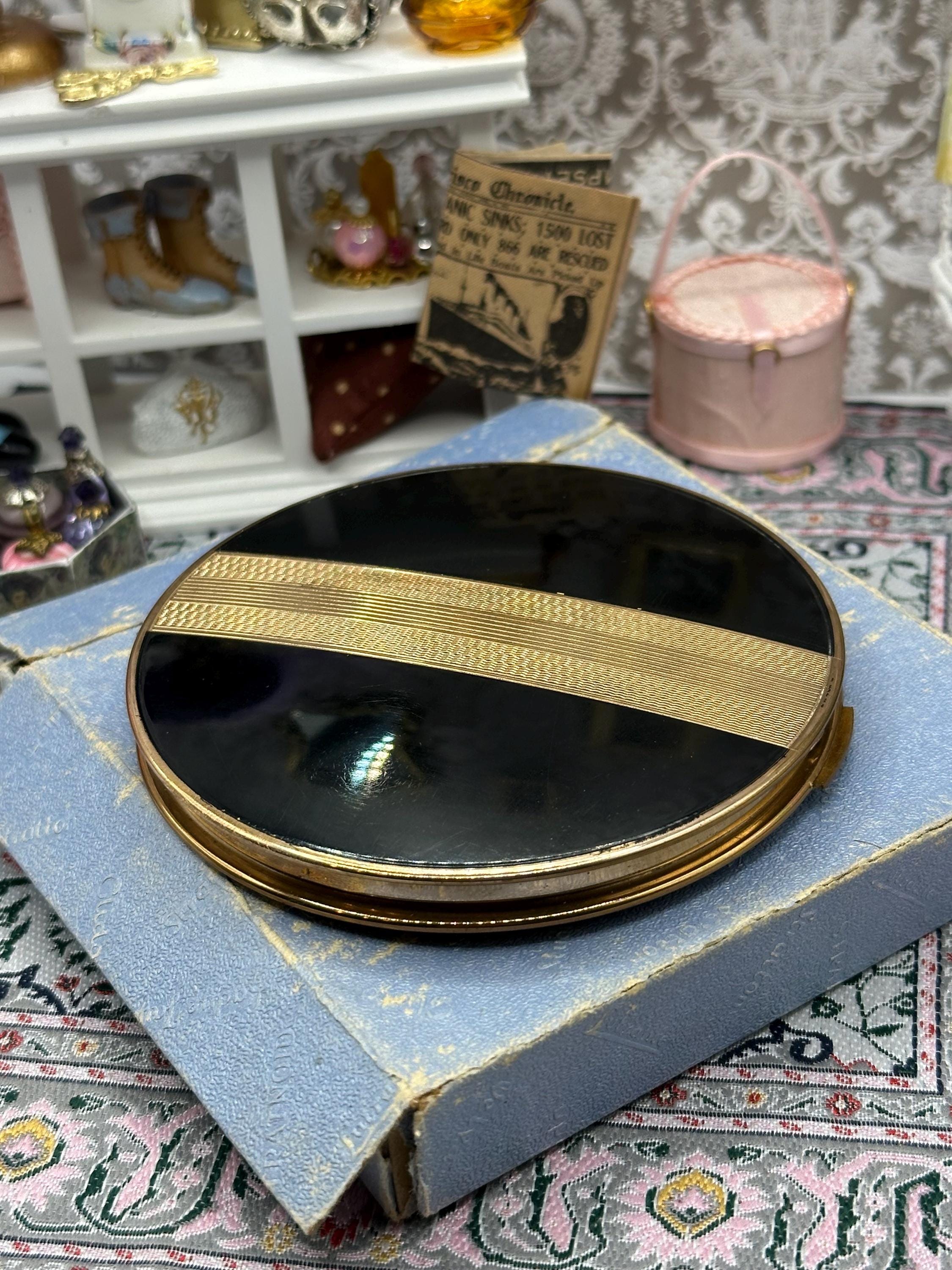 Vintage Stratton Powder Compact – Art Deco Style Black Enamel & Gold Stripe, Boxed with Pouch