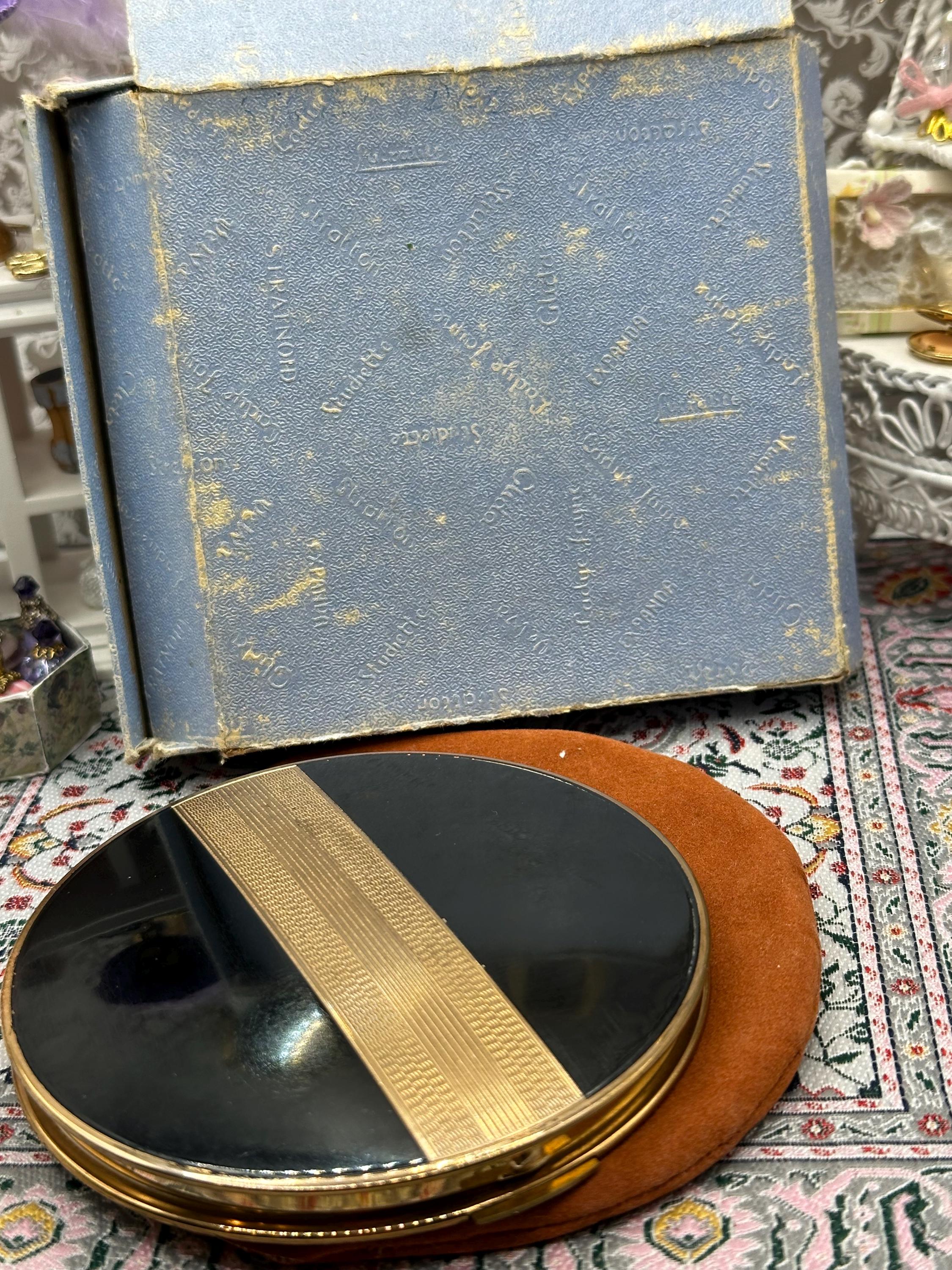Vintage Stratton Powder Compact – Art Deco Style Black Enamel & Gold Stripe, Boxed with Pouch