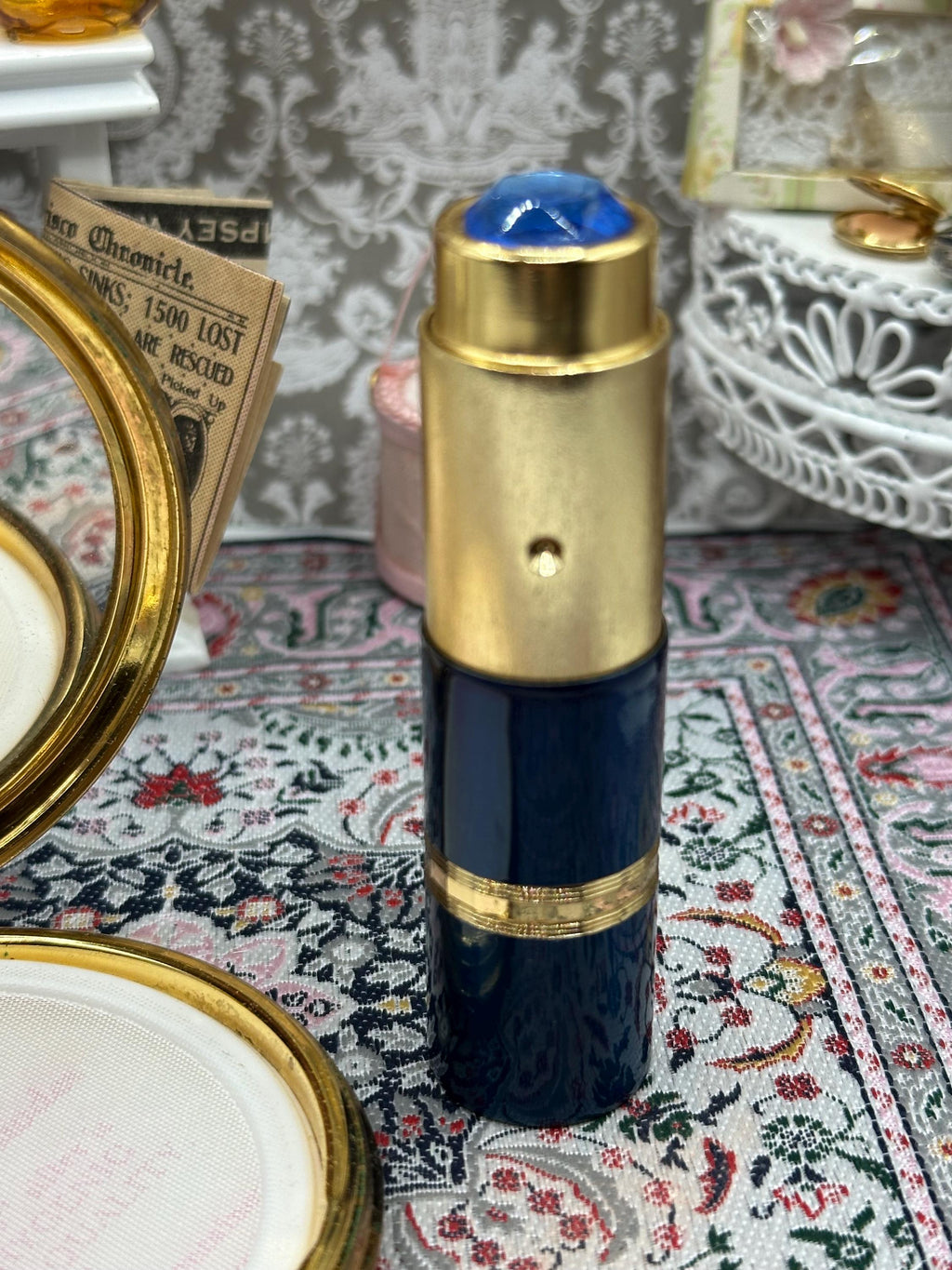 Kigu Powder Compact Perfume Atomiser Set Teal Blue Gold Tone Vintage Boxed London