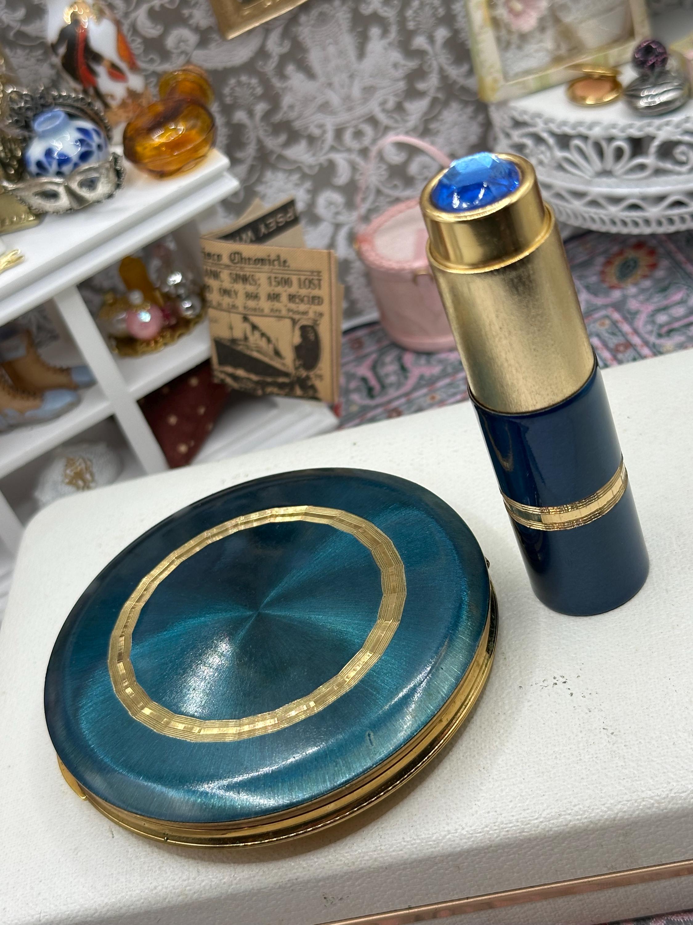 Kigu Powder Compact Perfume Atomiser Set Teal Blue Gold Tone Vintage Boxed London