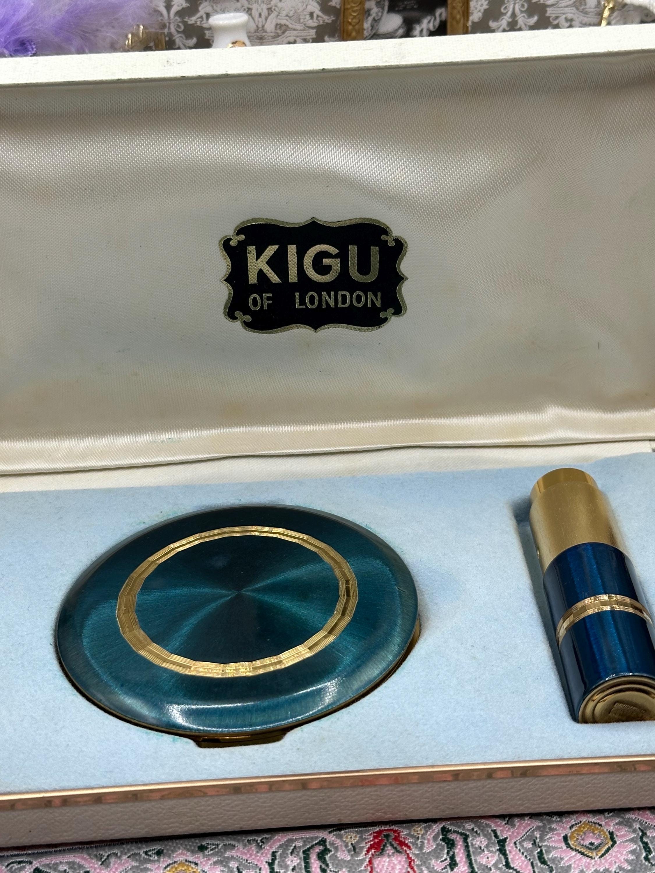 Kigu Powder Compact Perfume Atomiser Set Teal Blue Gold Tone Vintage Boxed London