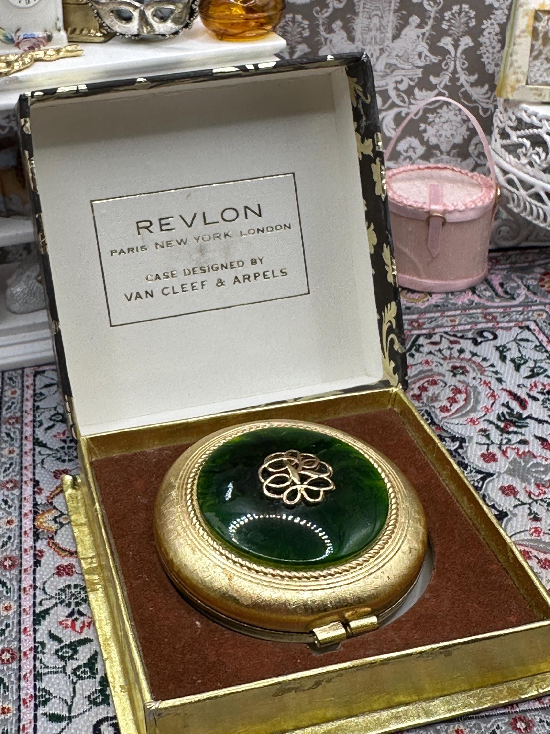 Revlon Van Cleef & Arpels Powder Compact Green Enamel Gold Tone Boxed Vintage 1960s Collectable