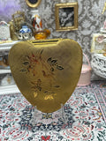 Kigu Cherie Heart Shaped Powder Compact Gold Tone Floral Engraved Vintage Collectable