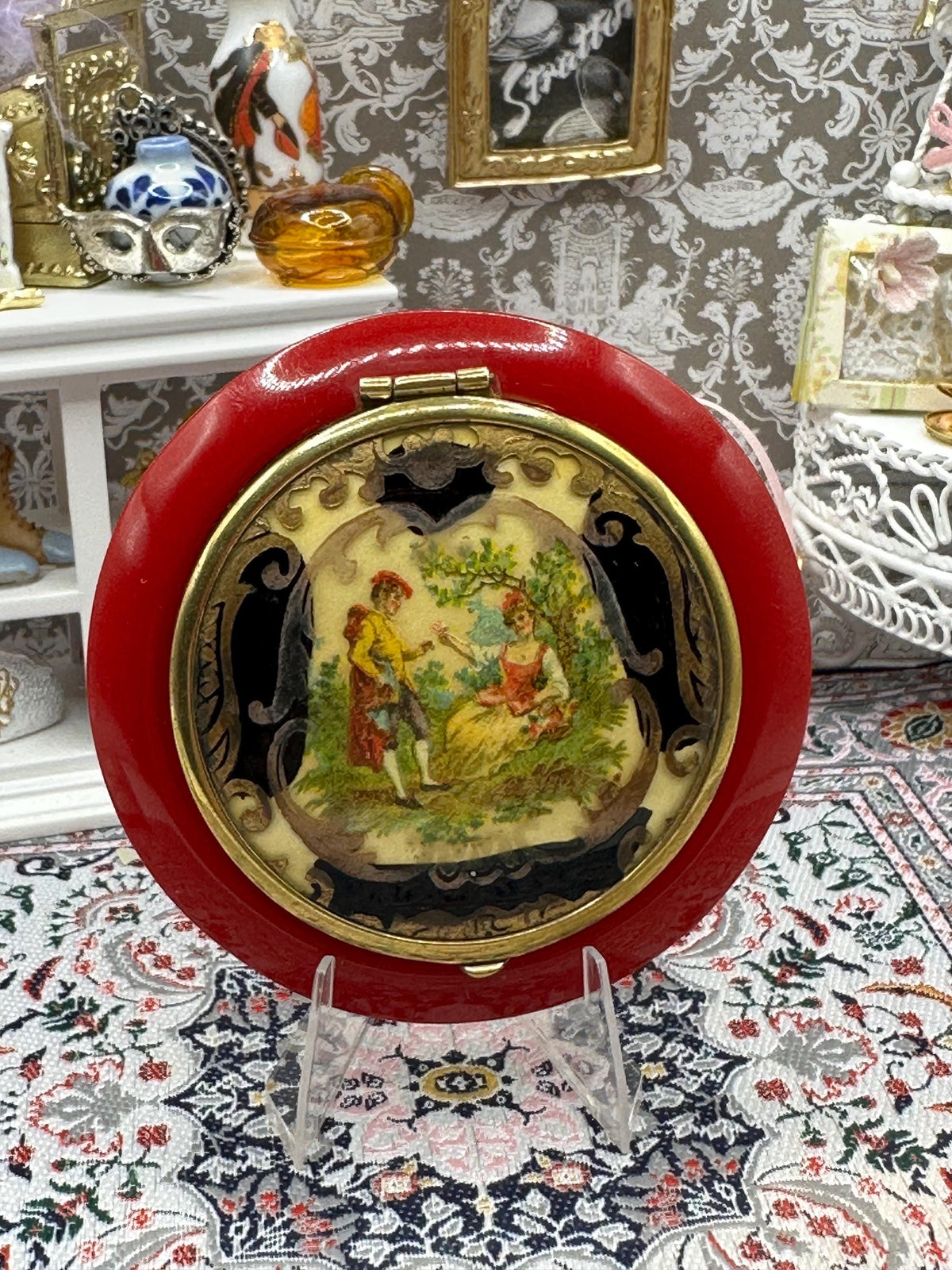 French Celluloid Powder Compact Red Vintage Art Deco Scene 7.5cm Collectable