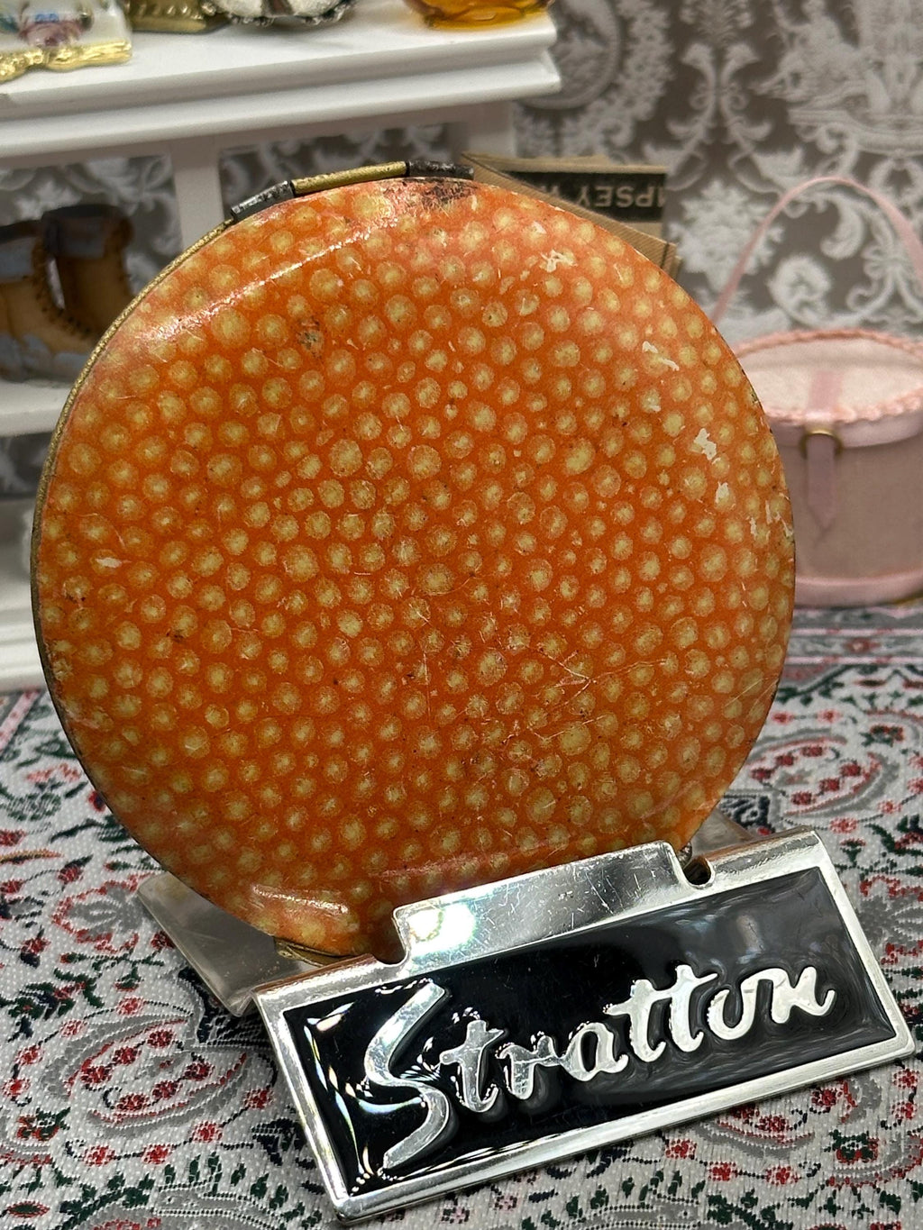 Extremely Rare Shagreen Stratton Non-Spill Powder Compact – 8cm, Excellent Condition, Original Puff