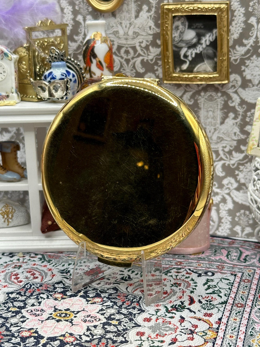 Vintage Powder Compact Black & Gold Engine Turned Makeup Compact Mirror