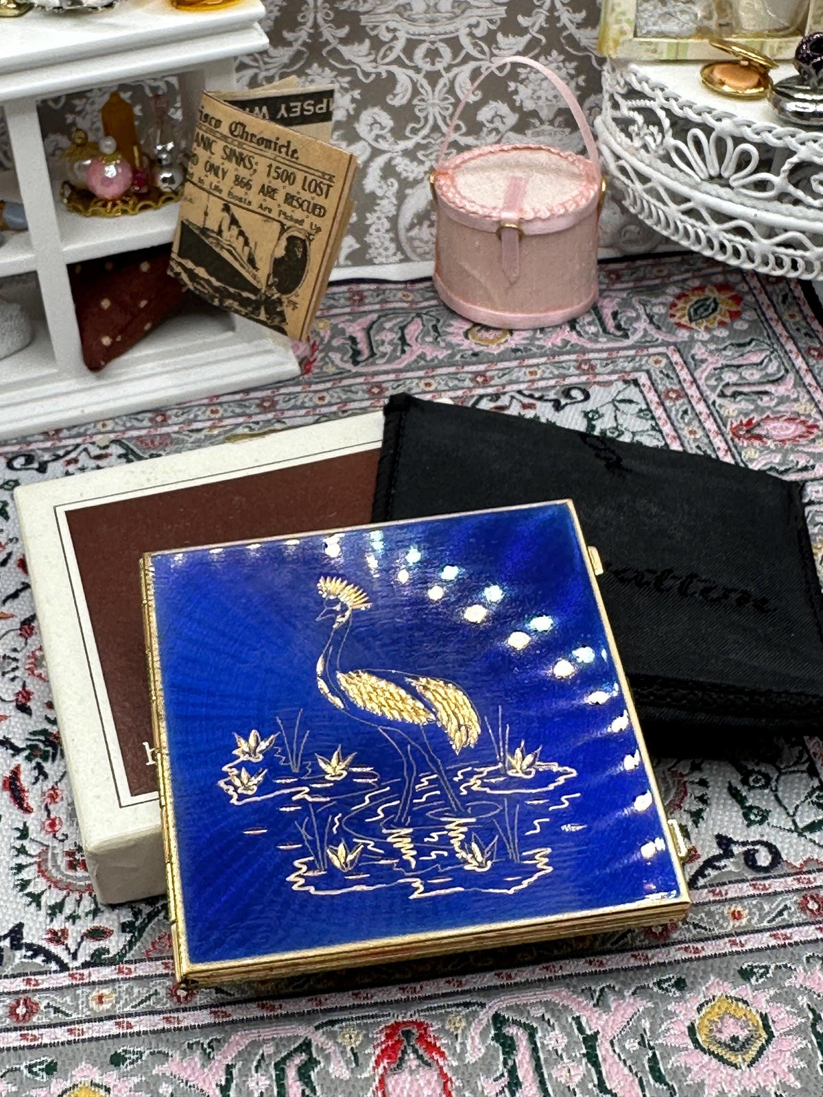 Stratton mini mirror boxed blue crane motif gold tone 6cm vintage accessory