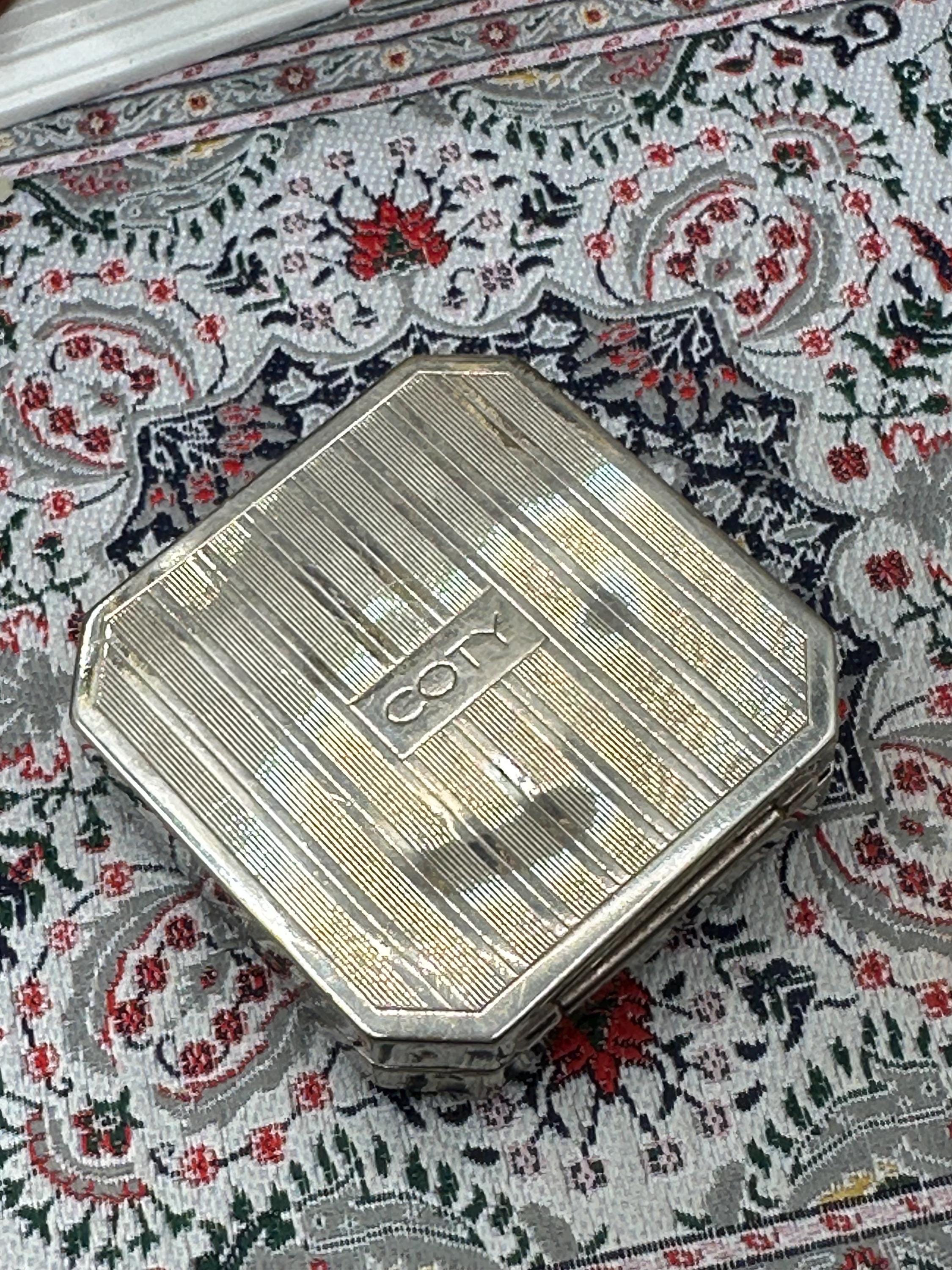 Coty Tri Powder Compact 1950s Silver Tone Double Compartment with Original Pouch