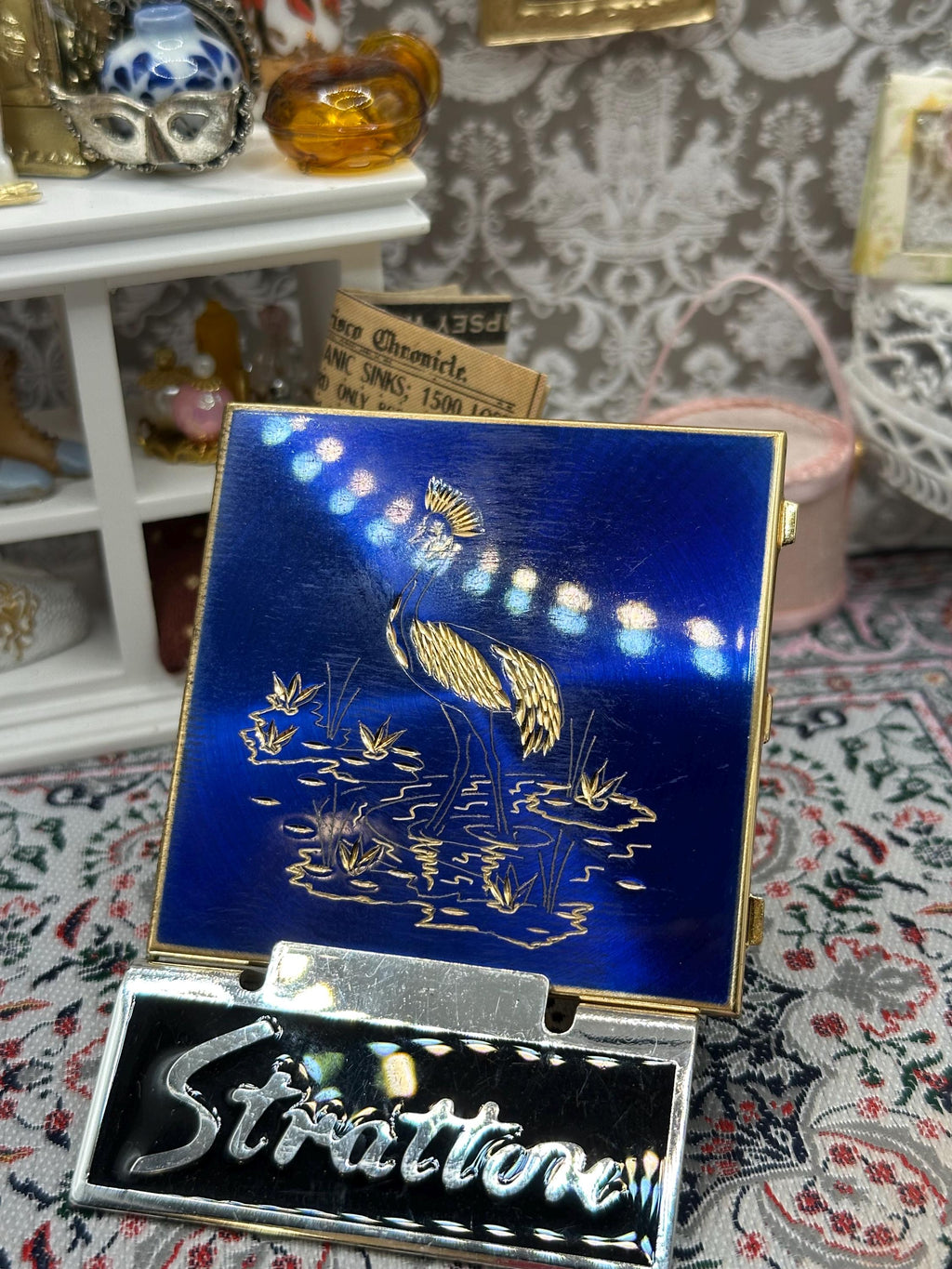 Stratton mini mirror boxed blue crane motif gold tone 6cm vintage accessory