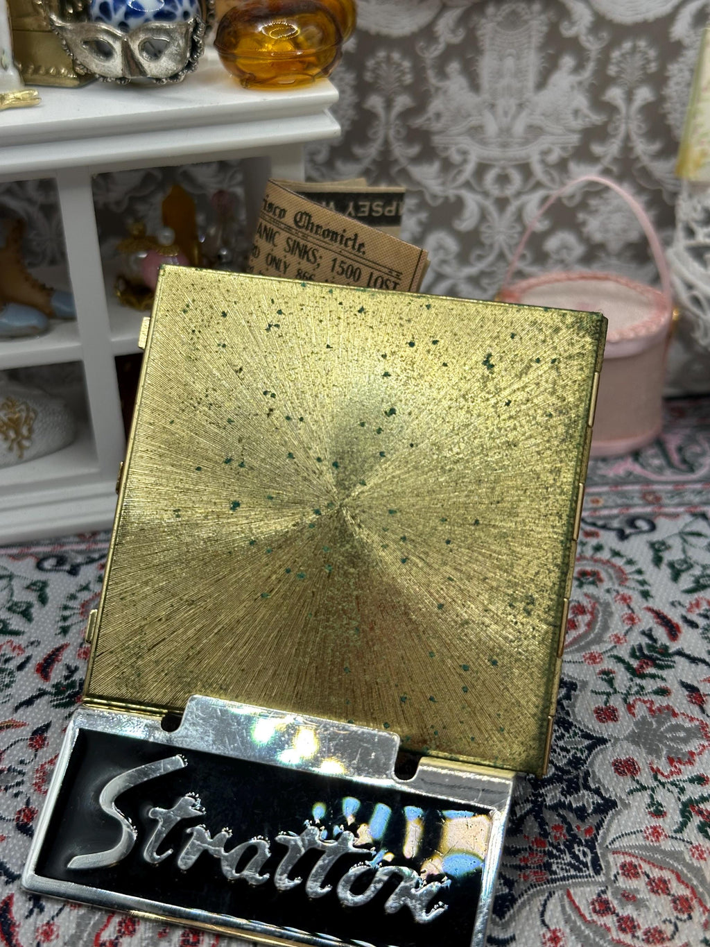 Stratton mini mirror boxed blue crane motif gold tone 6cm vintage accessory