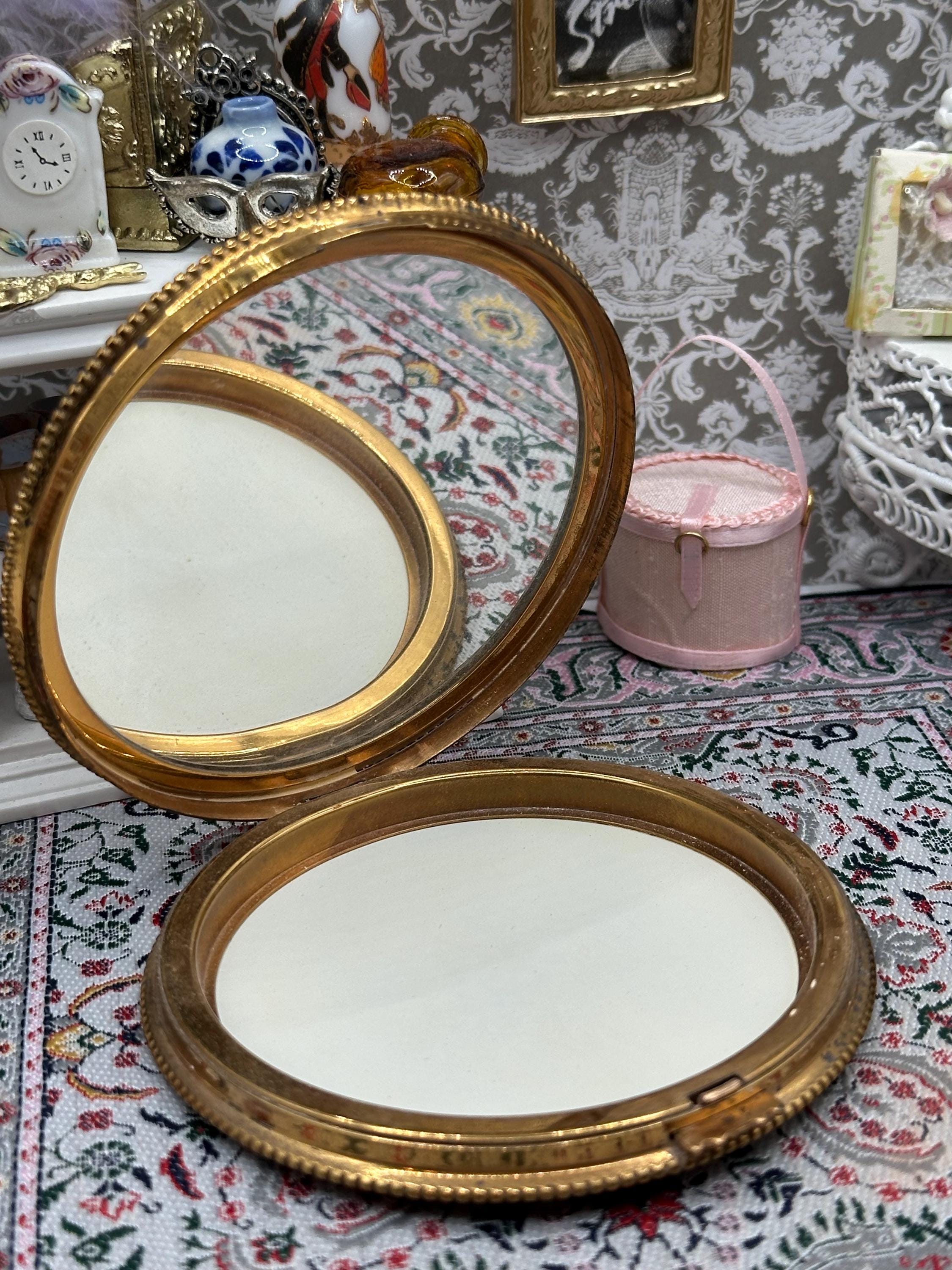 Large Floral Powder Compact Gold Tone Mint Green Vintage Vanity Art Deco Style